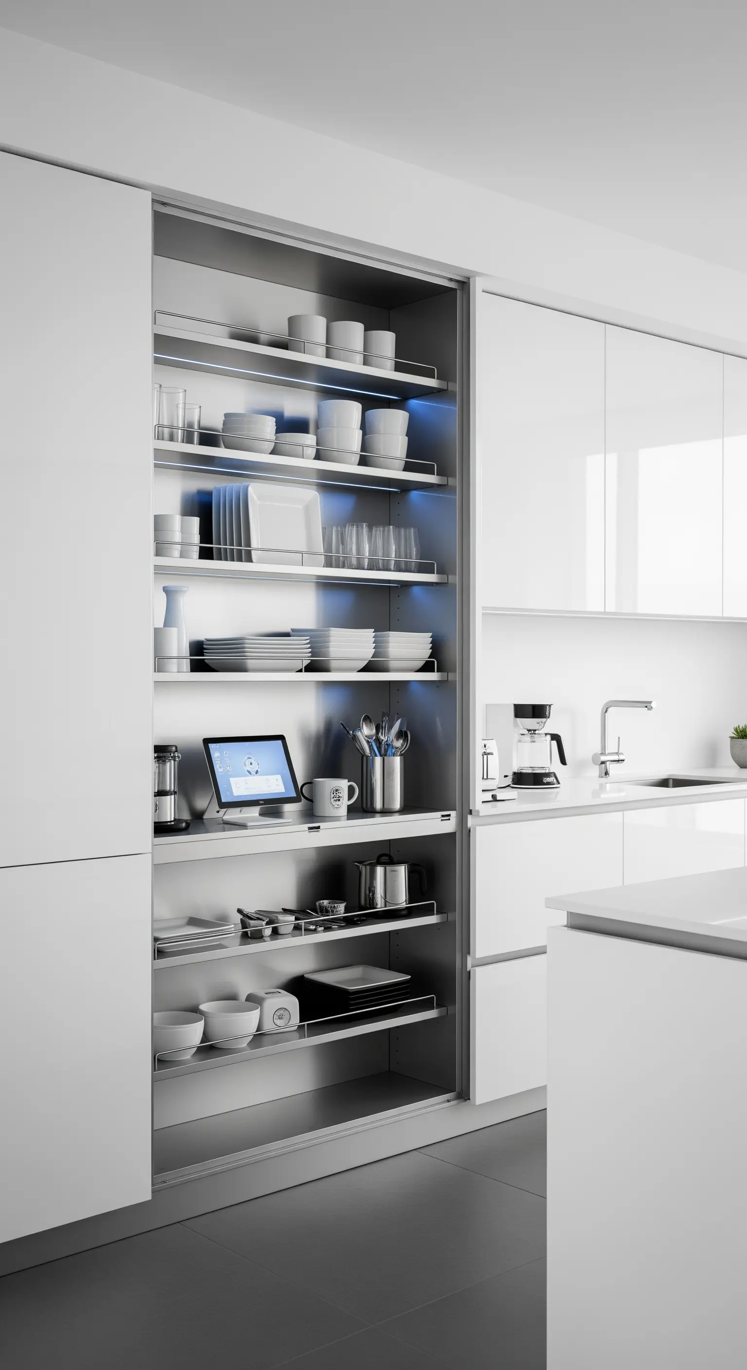 Dispensa a scomparsa con ripiani in metallo e illuminazione blu.