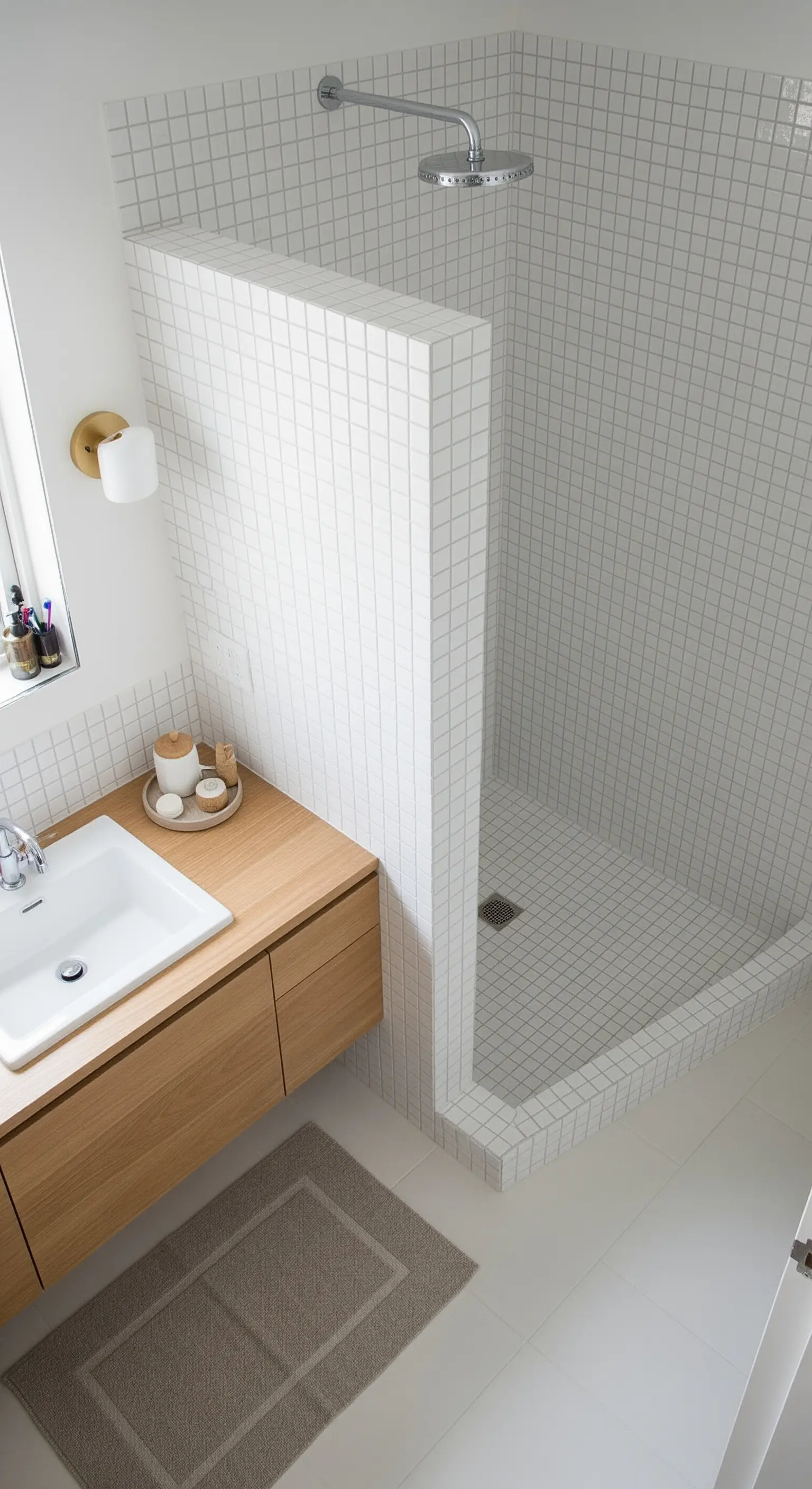 Doccia walk-in creata da un muretto piastrellato, con finiture in legno e oro.