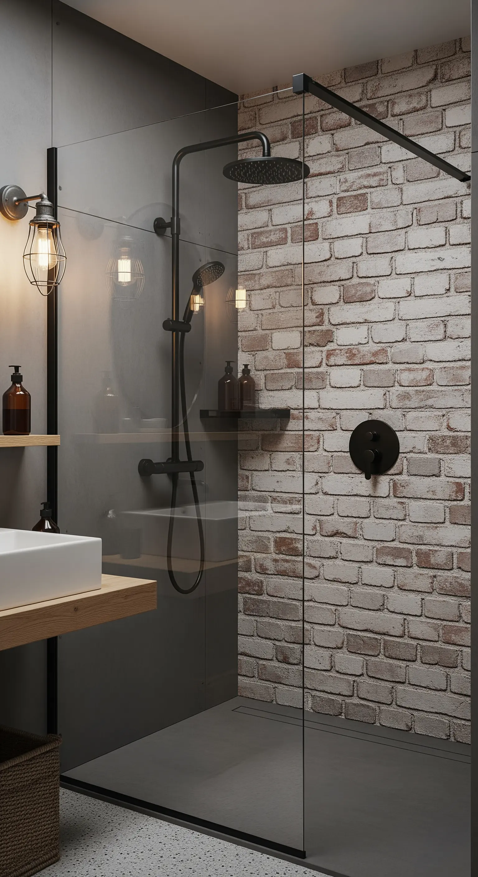 Doccia walk-in con parete in mattoni sbiancati, vetro e rubinetteria nera opaca.