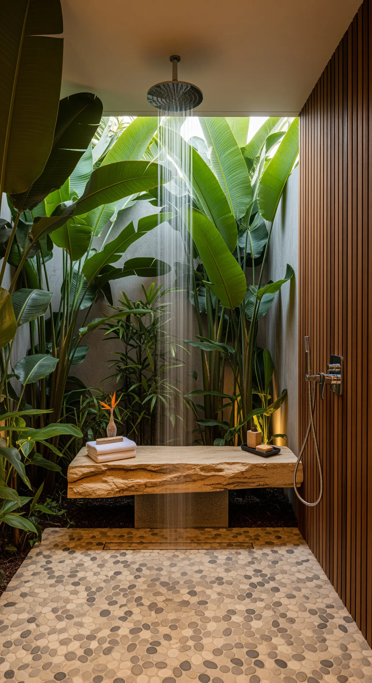 Doccia esterna con panca in pietra e grandi piante di banano.
