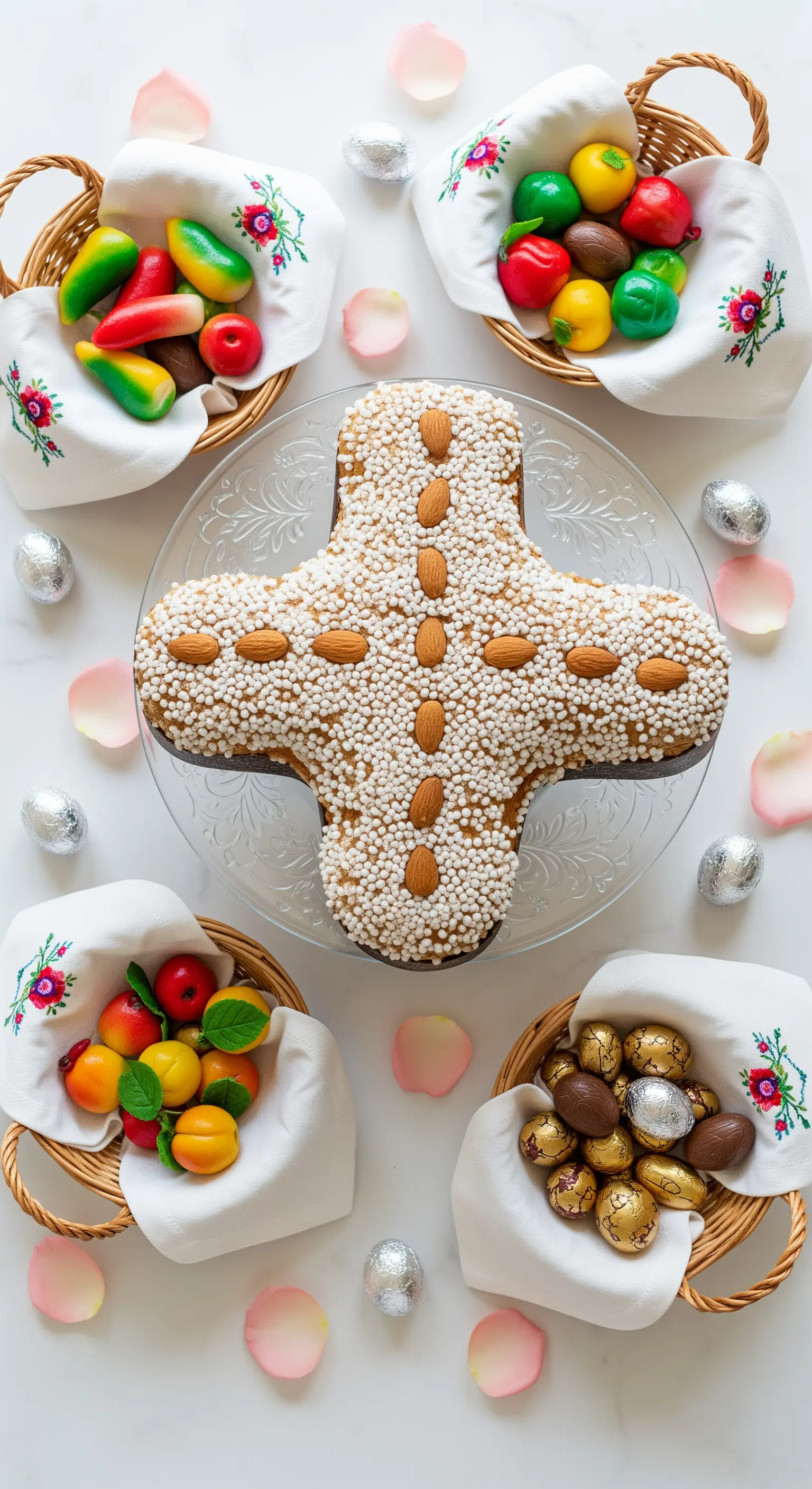 Colomba pasquale circondata da cestini con frutta di marzapane e ovetti.