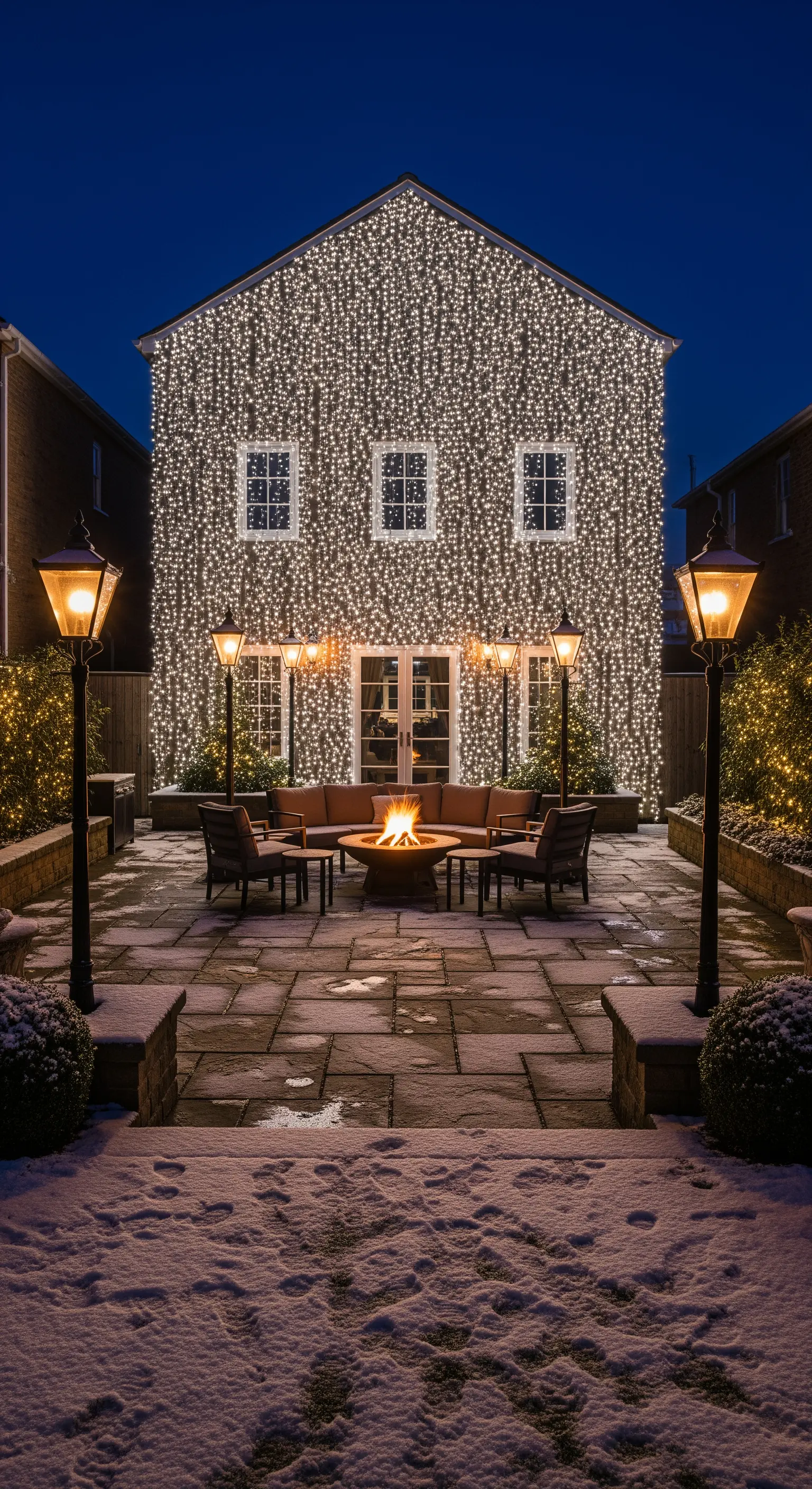 Facciata di una casa completamente coperta da una rete di luci bianche, con un patio innevato.