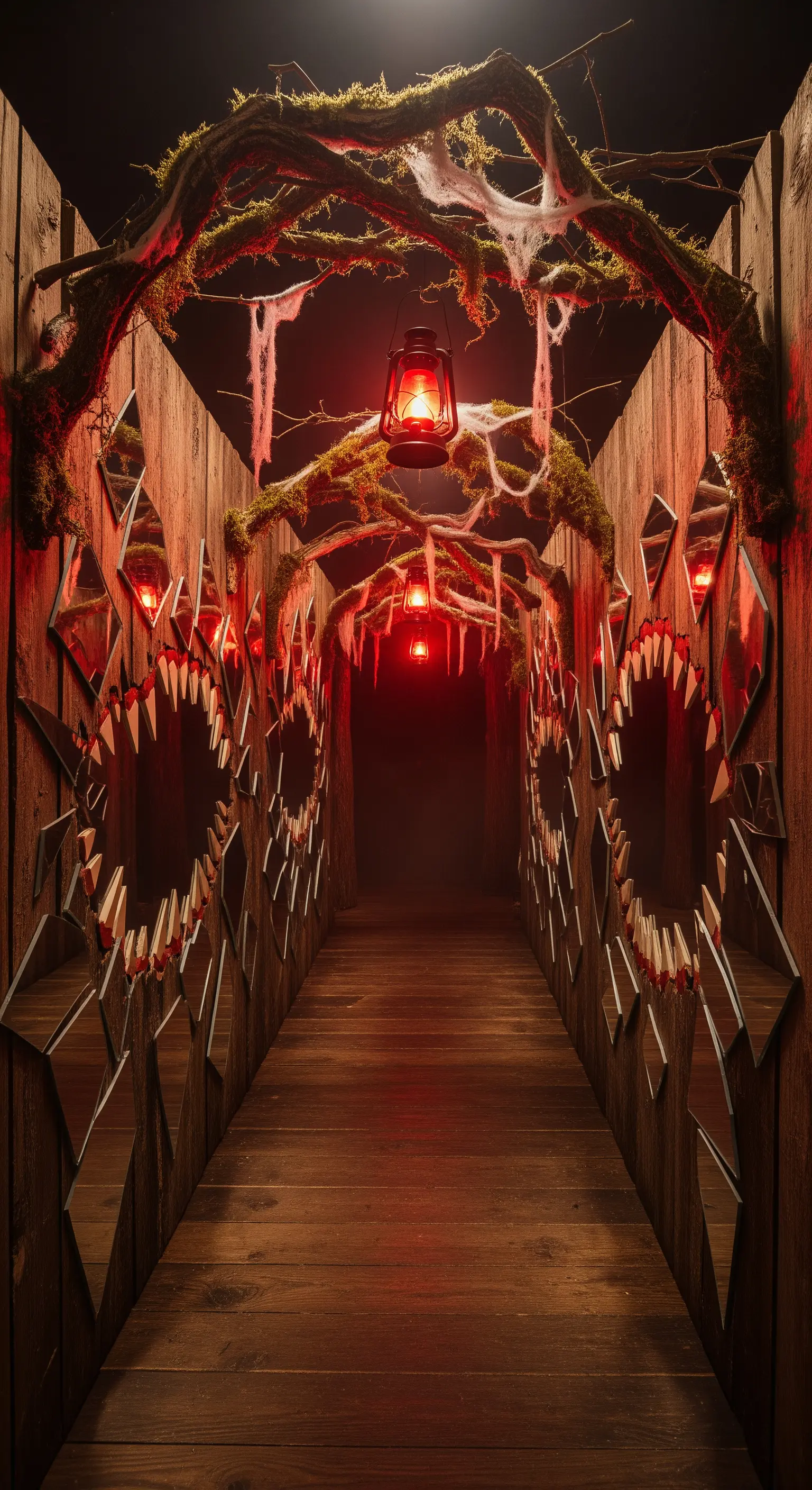 Corridoio in legno con specchi a forma di denti e lanterne rosse.