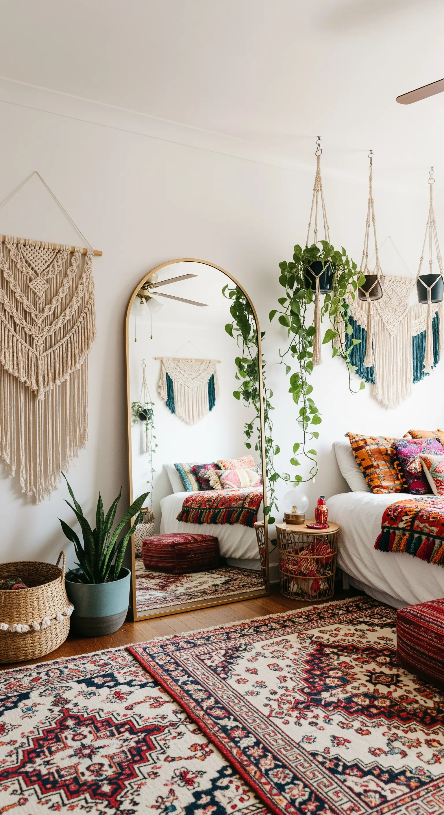 Specchio ad arco appoggiato al muro in una camera da letto boho-chic con piante e tappeti etnici.