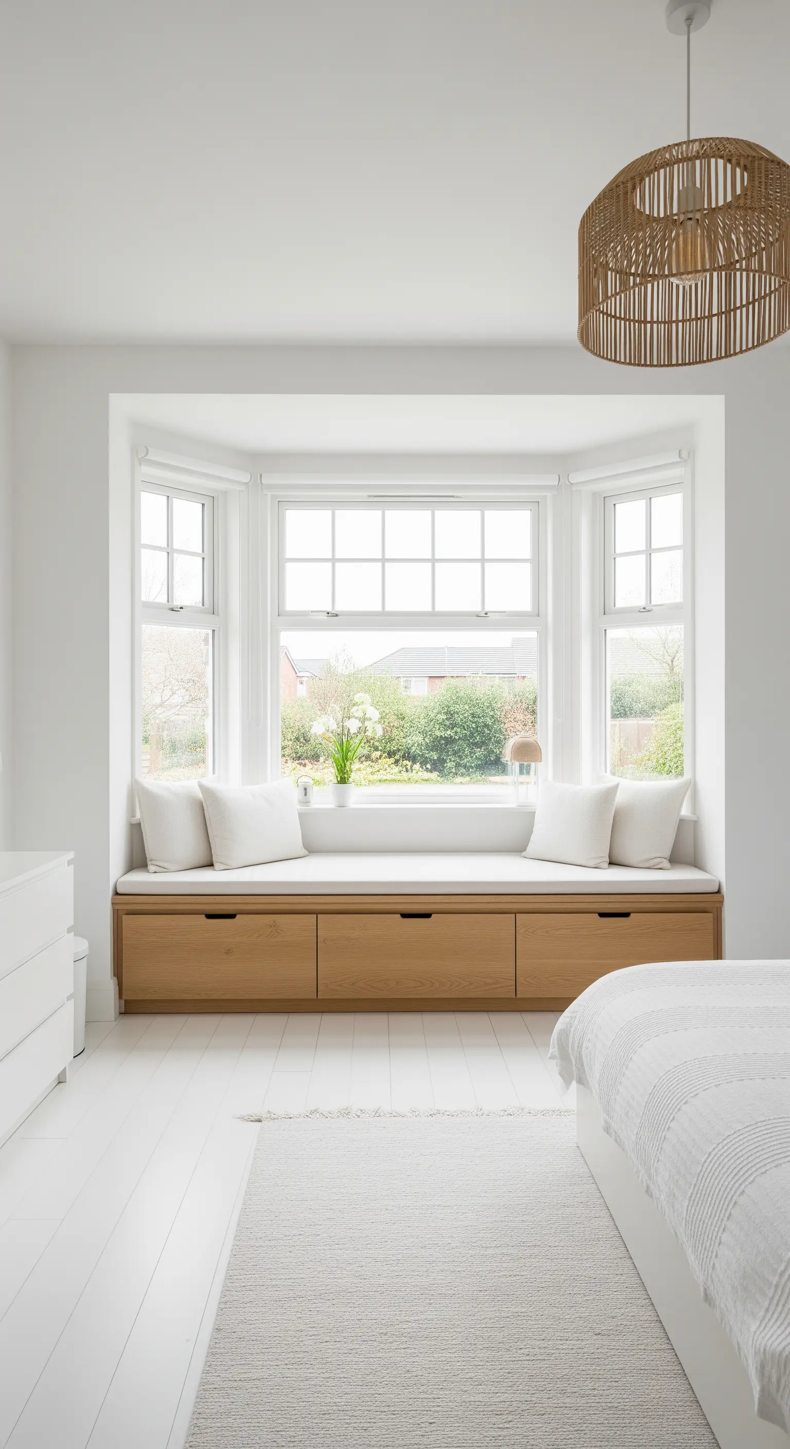 Panca contenitore in legno chiaro integrata in una finestra a golfo (bay window).