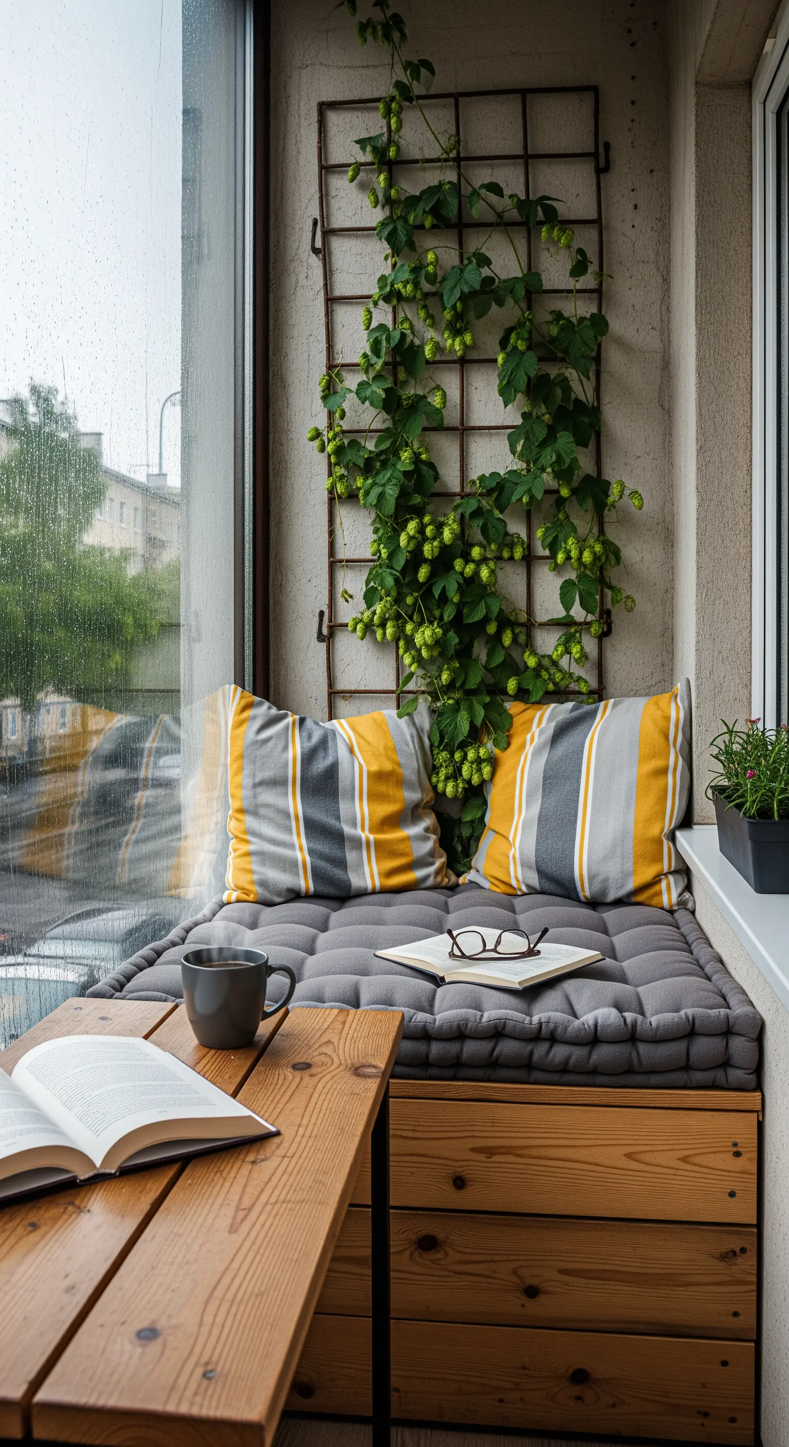 Angolo lettura su un balcone verandato con panca, cuscini a righe e pianta rampicante.