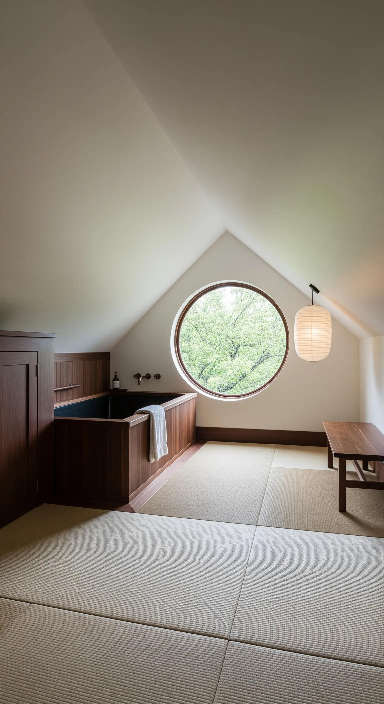 Bagno in mansarda con vasca in legno scuro e grande finestra rotonda con vista sulla natura.