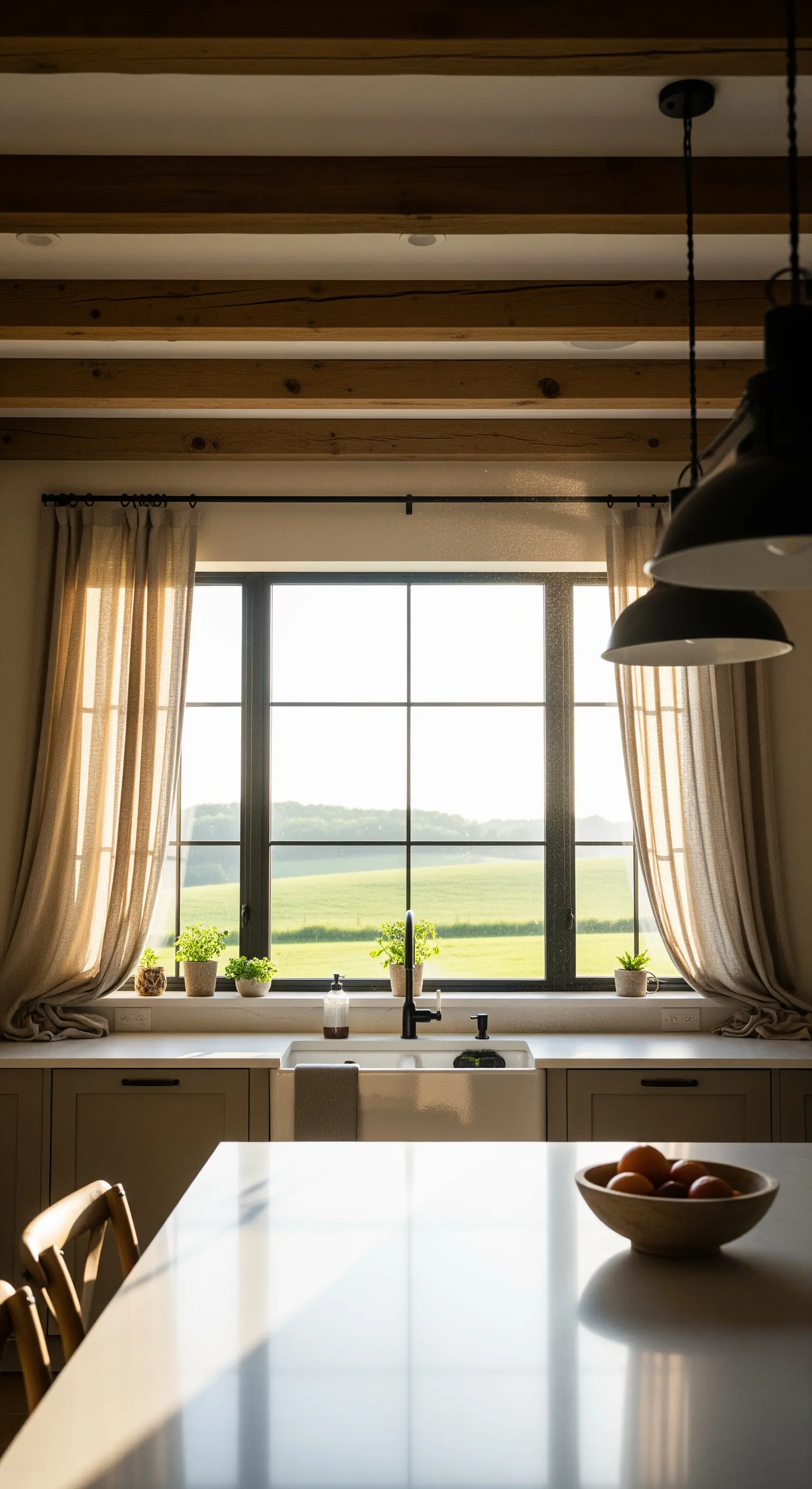 Cucina rustica con grande finestra a griglia e tende in lino grezzo.