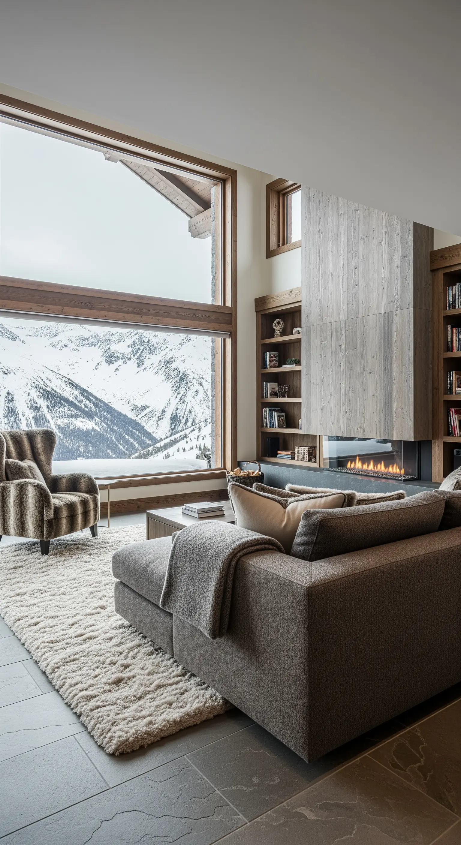 Salotto di montagna con grande vetrata su un paesaggio innevato e camino moderno.