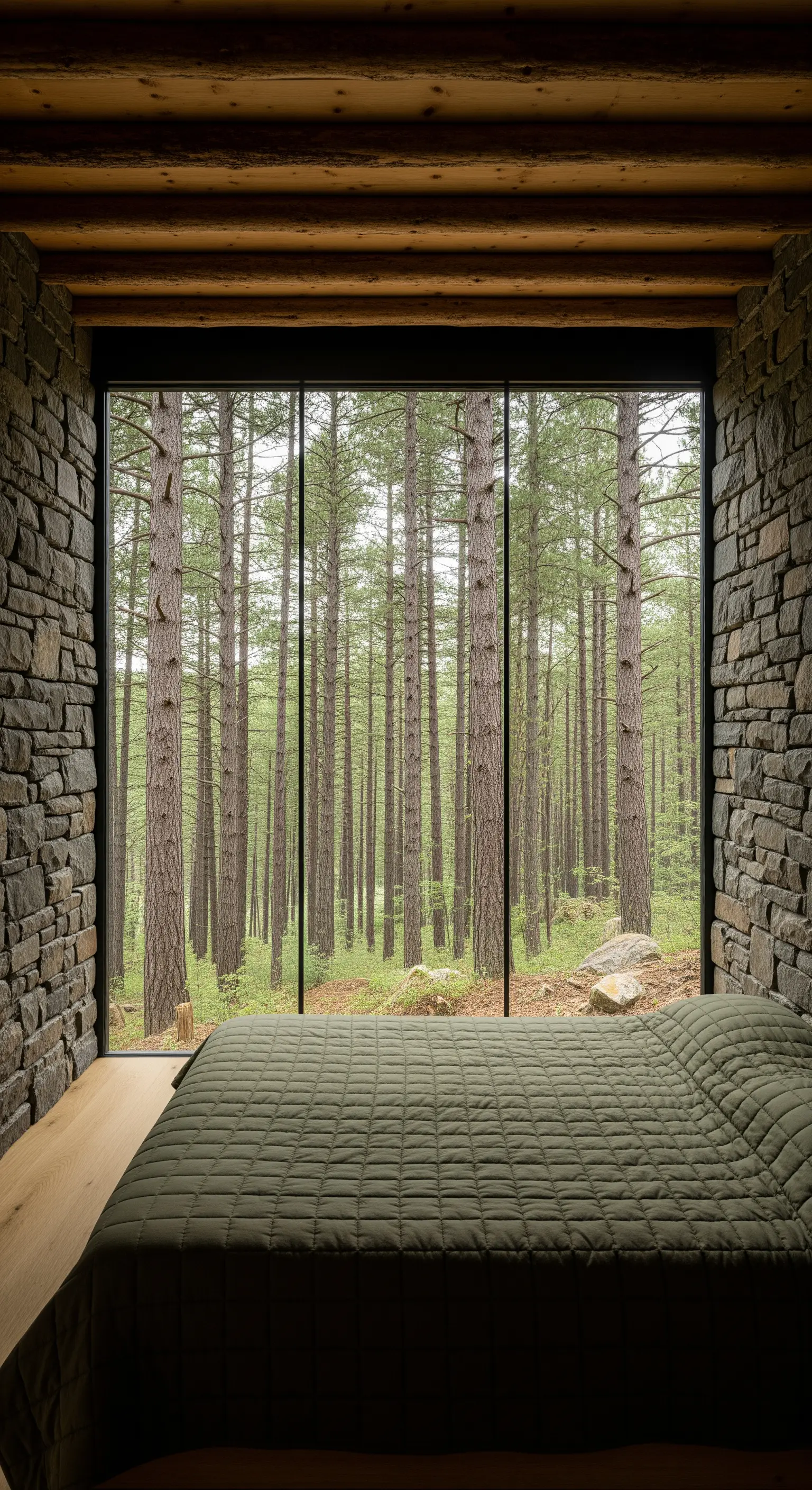 Camera da letto con pareti in pietra e una grande vetrata affacciata su una foresta di pini.