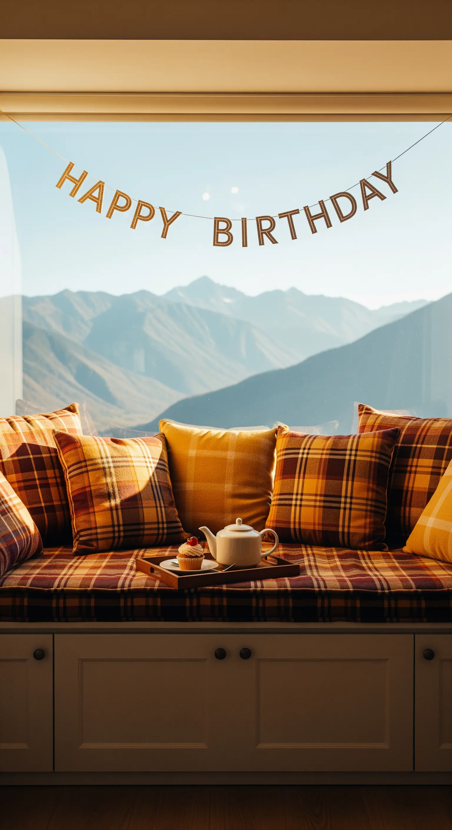 Panca sottofinestra con cuscini scozzesi e vista sulle montagne, con festone 