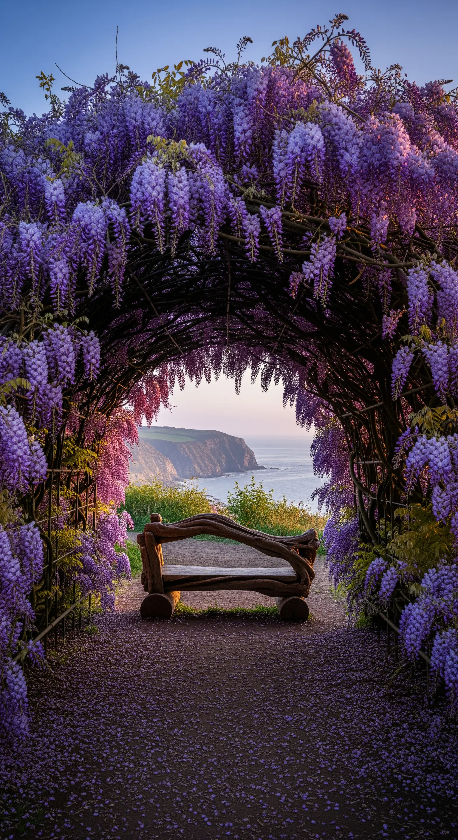 Panchina in legno sotto un arco di glicine che incornicia una vista sul mare e sulla scogliera.