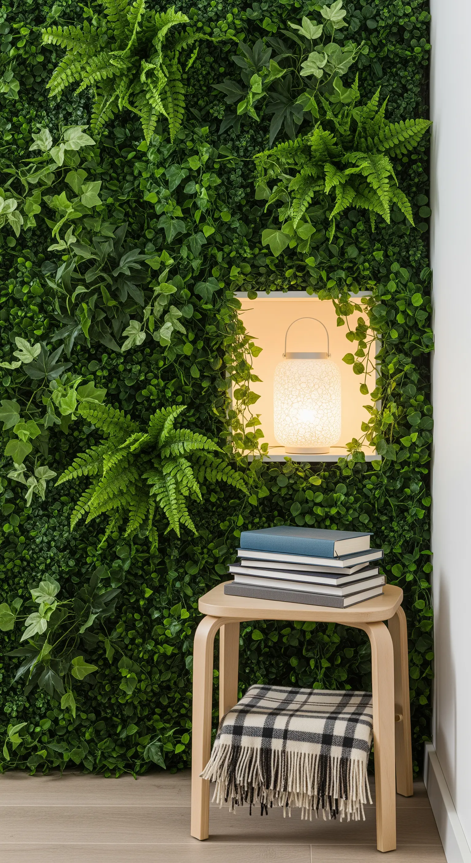 Parete verde verticale con una nicchia illuminata che ospita una lanterna e alcuni libri.