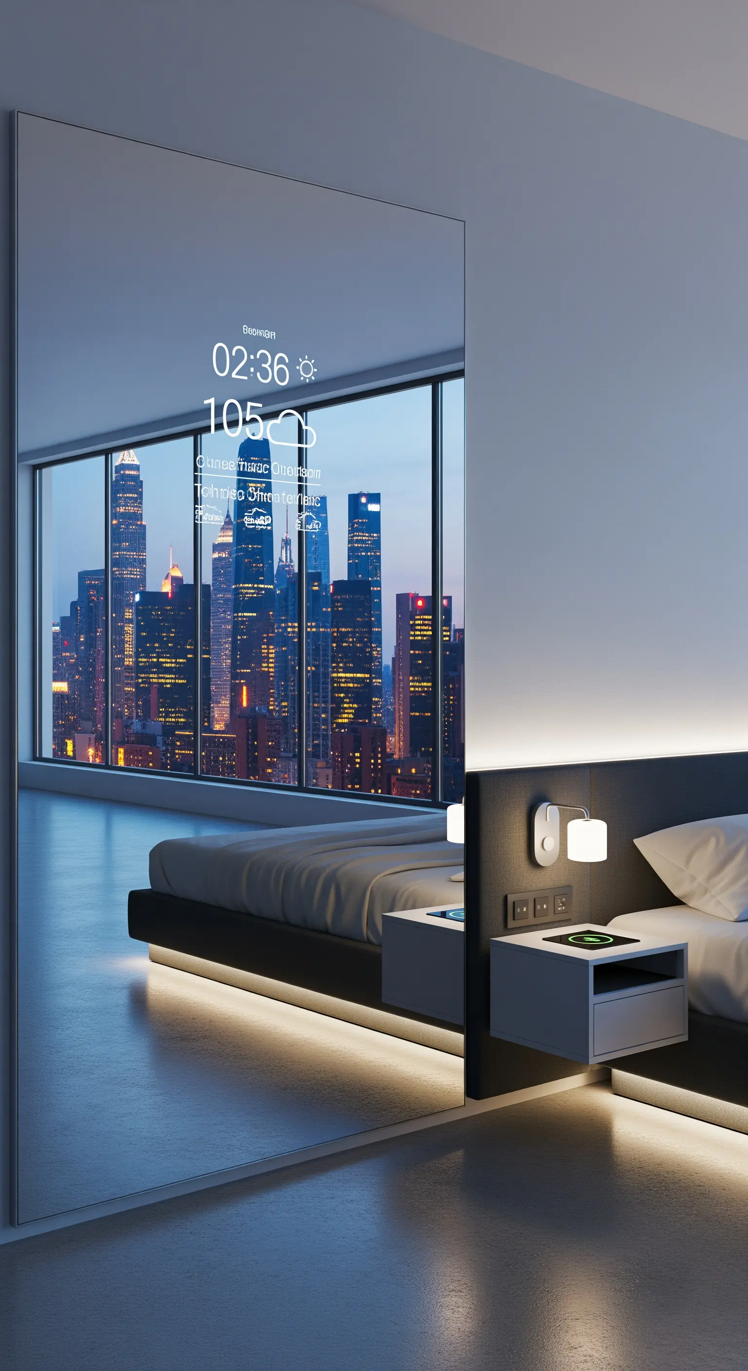 Smart mirror a tutta parete in una camera da letto moderna che mostra il meteo e l'ora.