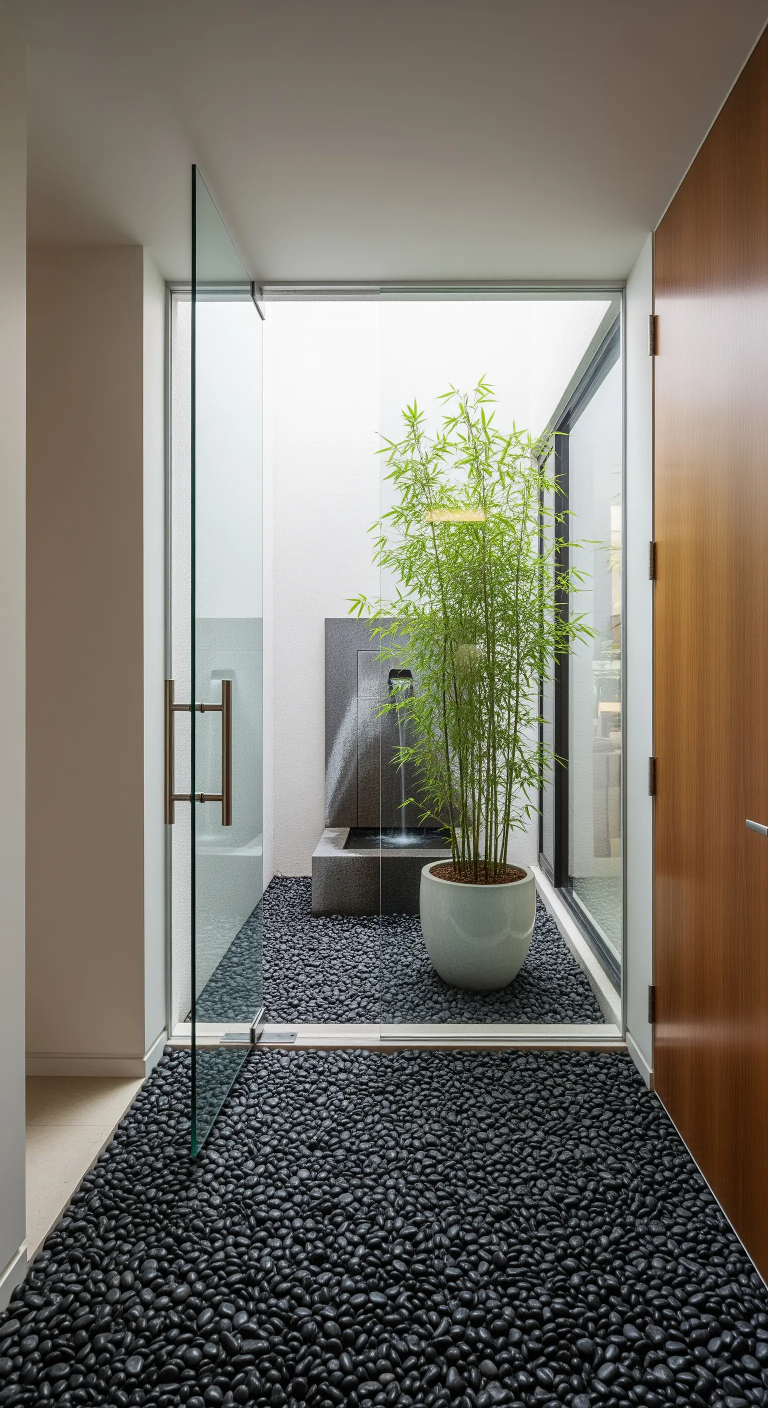 Piccolo cortile interno vetrato con pavimento di ciottoli neri e una pianta di bambù.