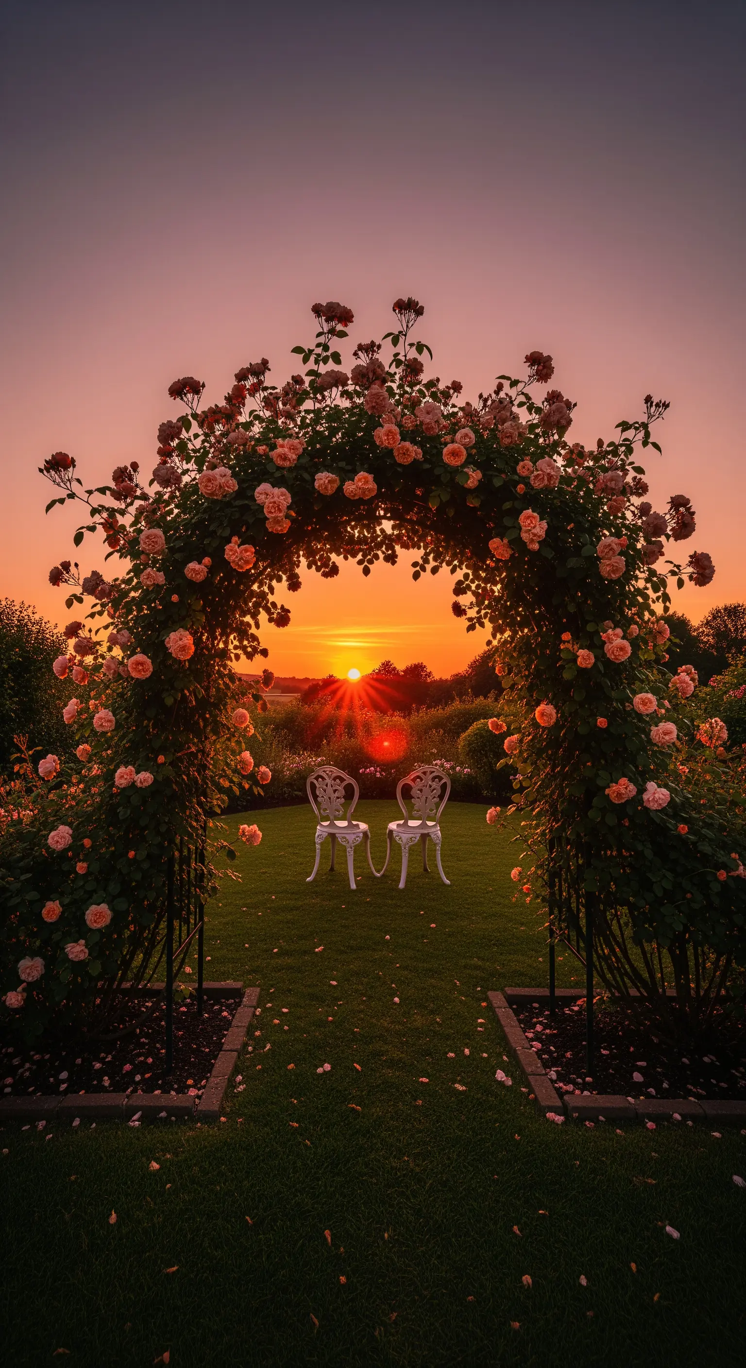Arco di rose color pesca che incornicia due sedie bianche di fronte a un tramonto spettacolare.