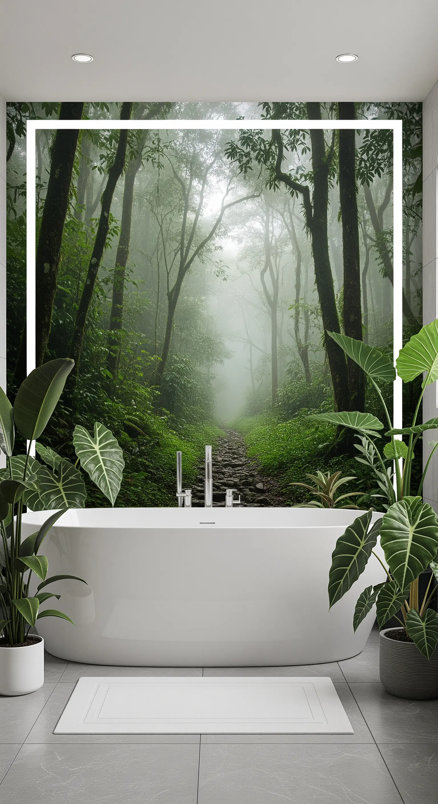 Grande murale con foto di una foresta dietro una vasca, con piante vere ai lati.