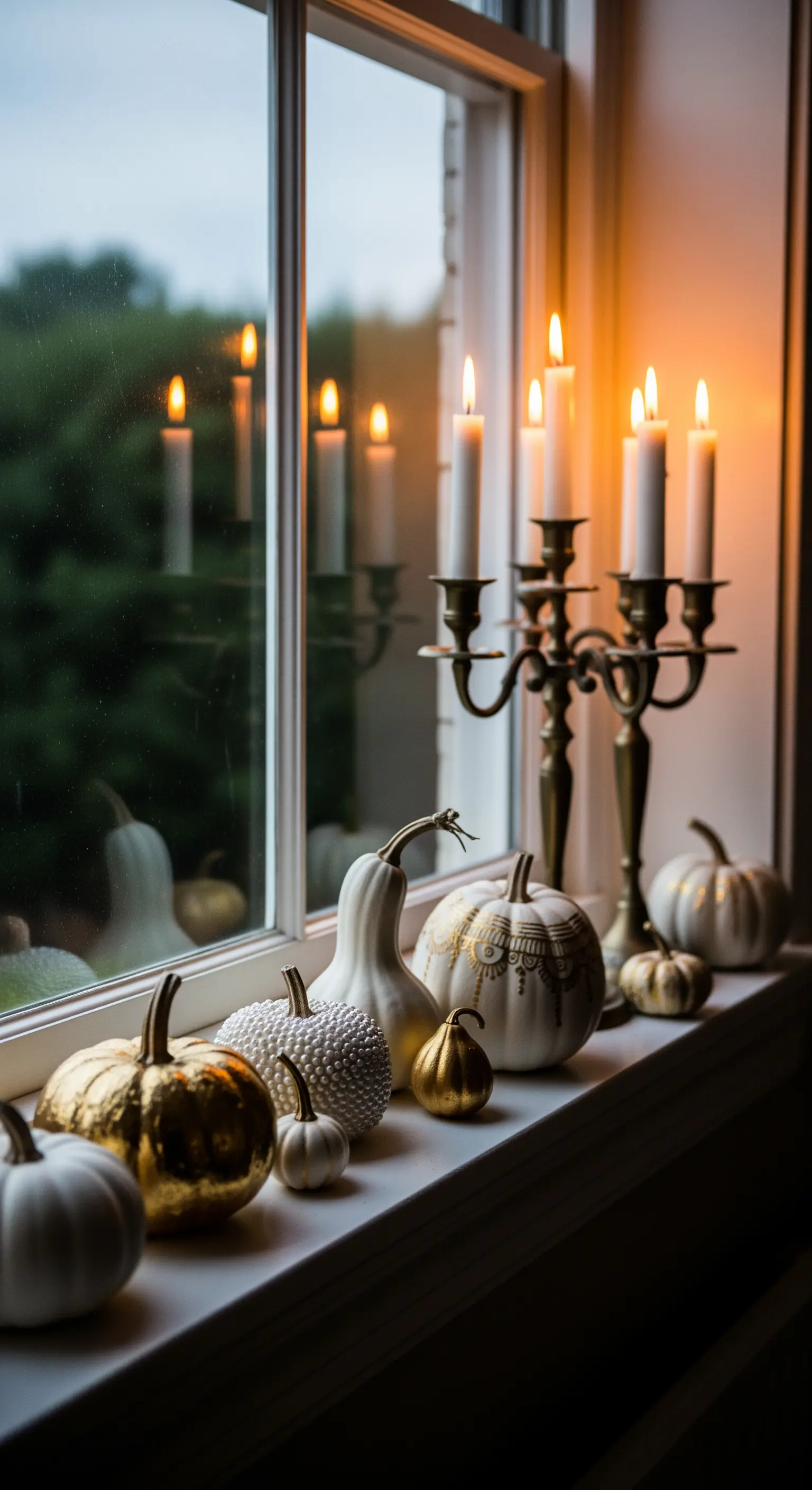 Davanzale decorato per Halloween con zucche e candele accese