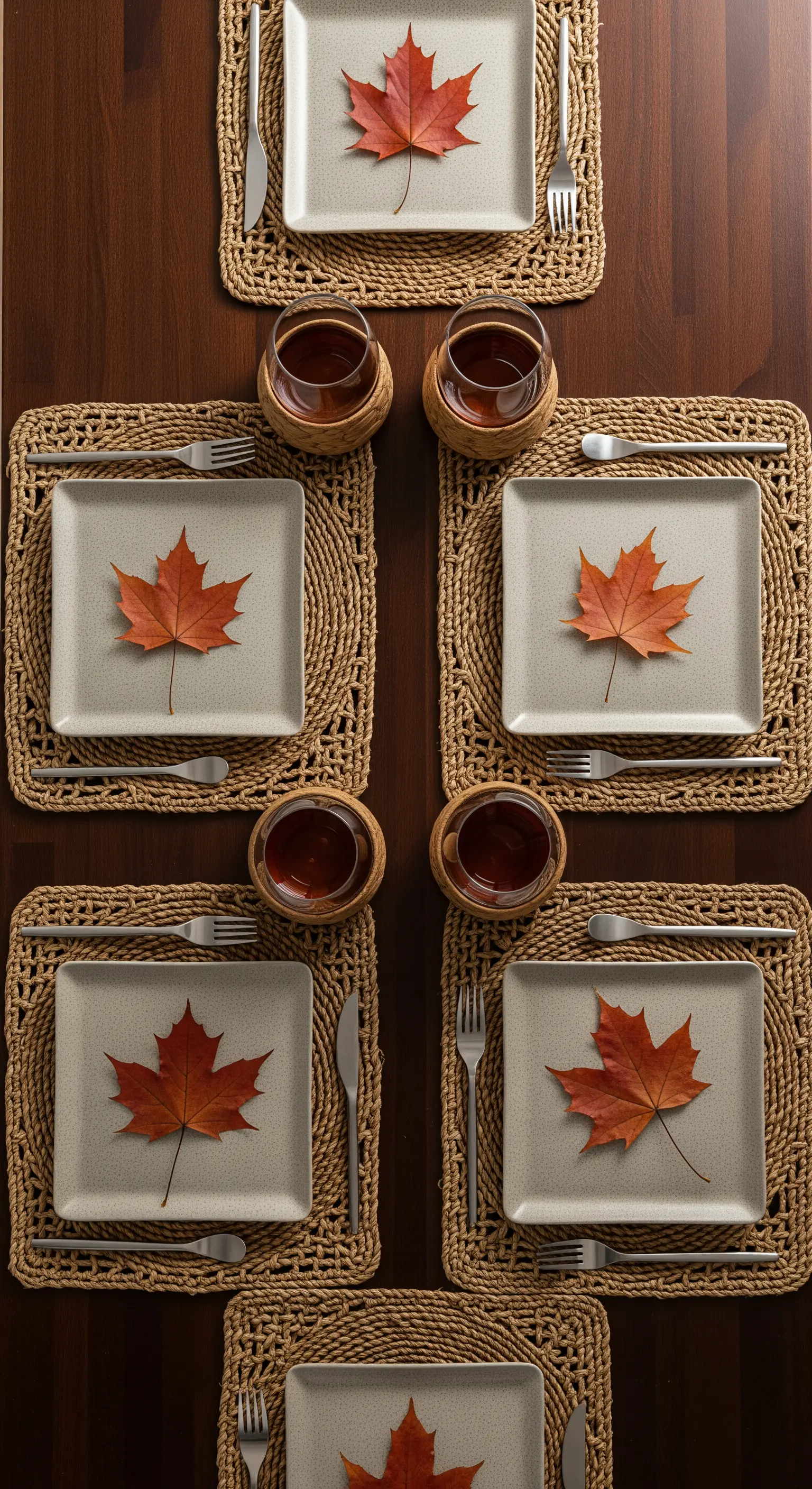 Tovagliette intrecciate con una foglia d'acero come segnaposto.
