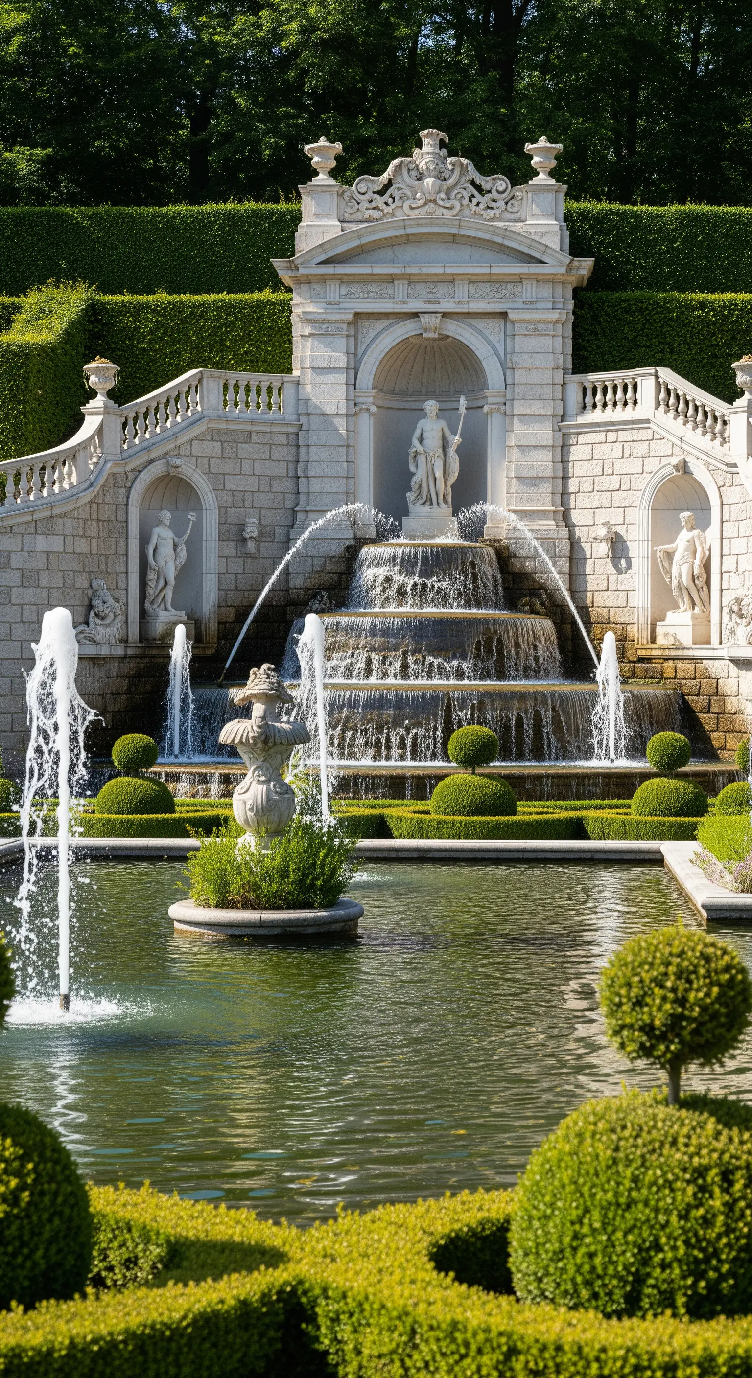 Grande e complessa fontana barocca in pietra con statue e molteplici cascate, circondata da bossi sferici