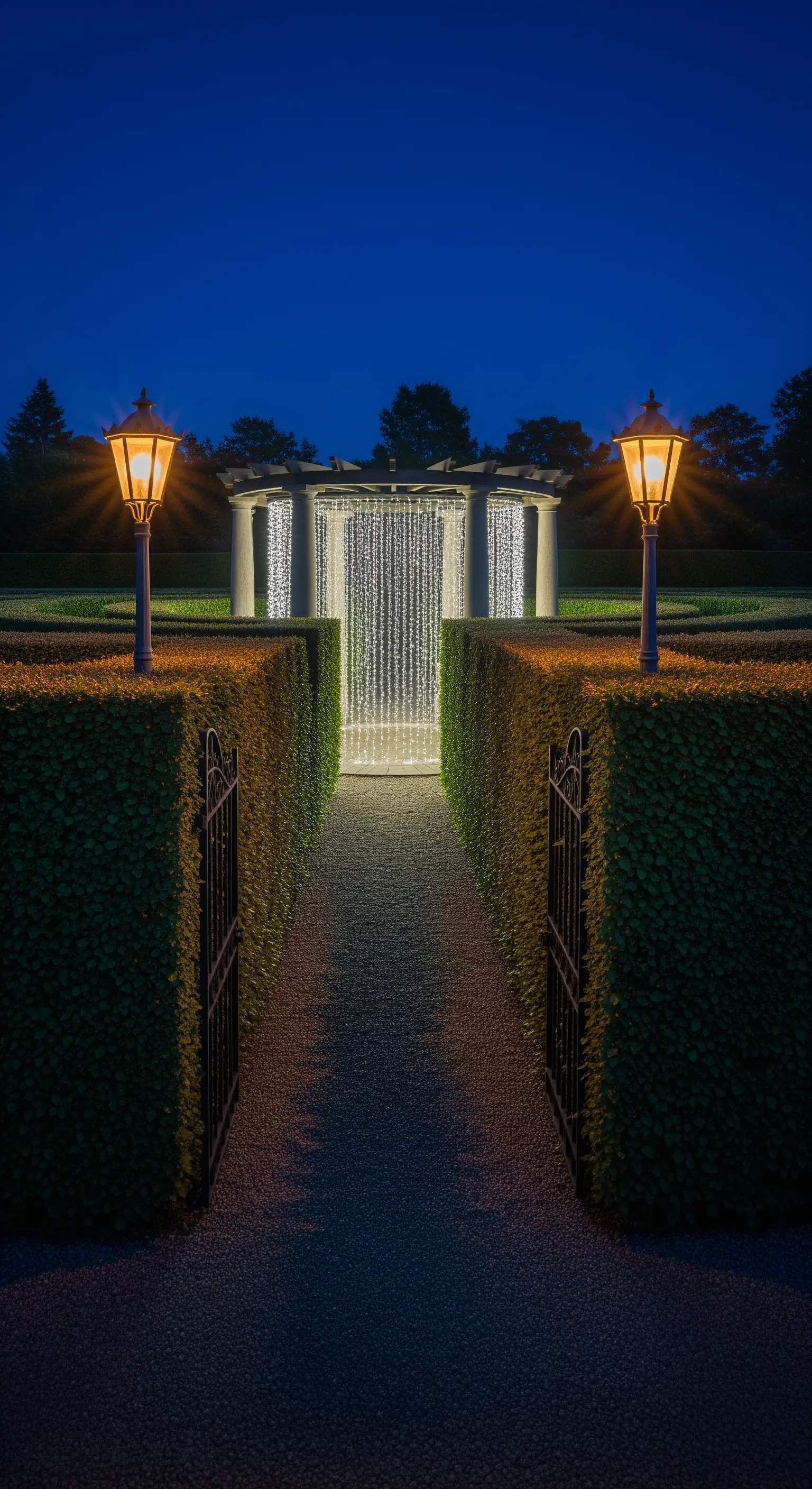 Struttura circolare al centro di un giardino formale, con luci a cascata che simulano una fontana.