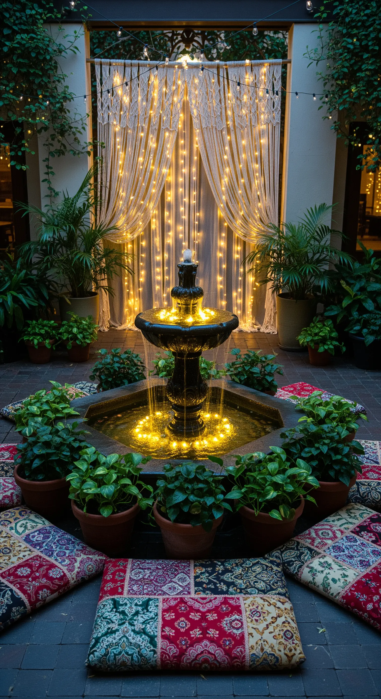 Fontana in un cortile circondata da cuscini patchwork, con una tenda di macramè e luci.