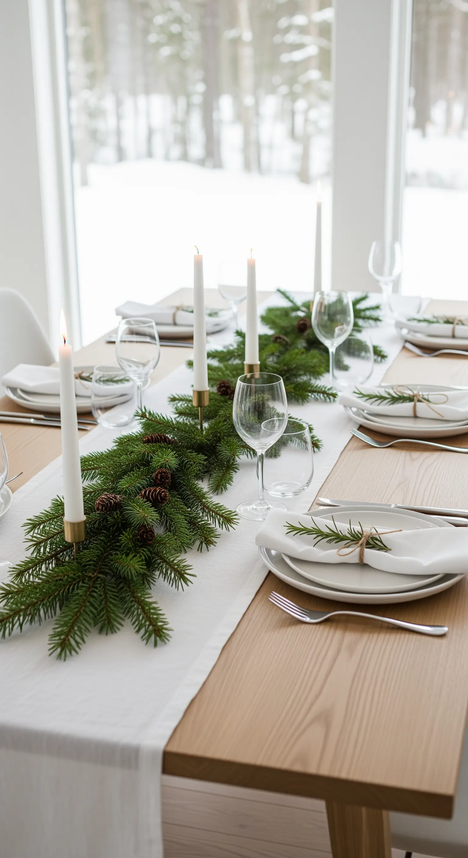 Tavola di Natale scandinava con runner di rami di pino e candele bianche.