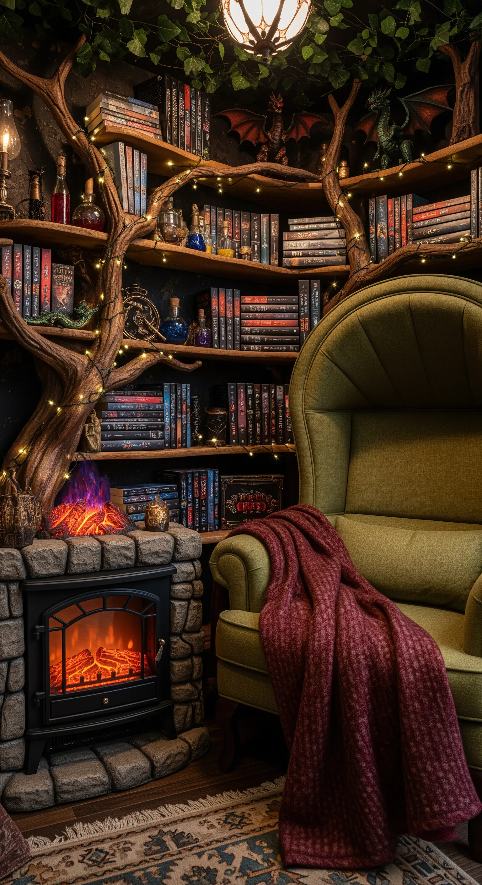 Angolo lettura a tema fantasy con libreria a forma di albero e luci fatate.