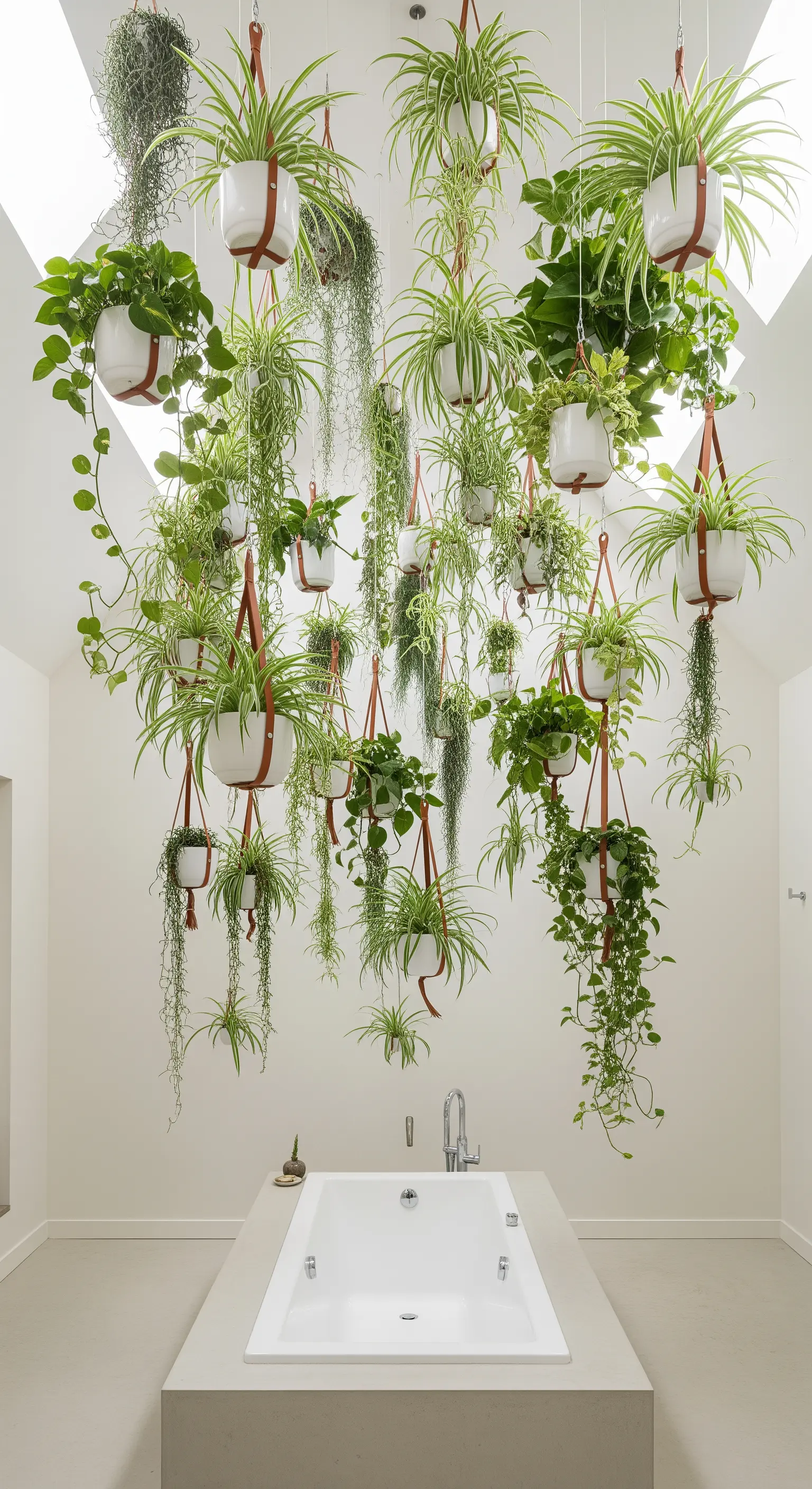 Decine di piante pendenti dal soffitto sopra una vasca da bagno minimalista.
