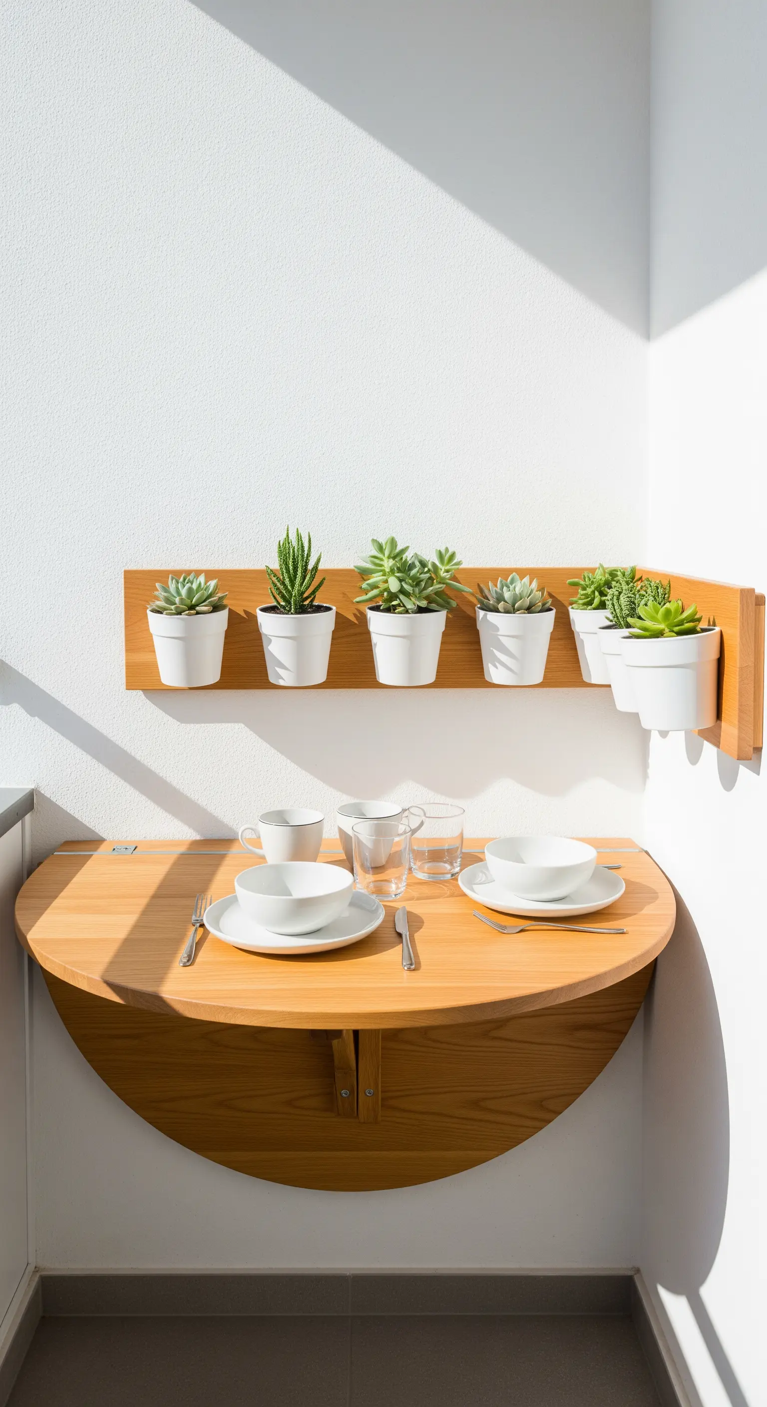 Tavolo da pranzo semicircolare a ribalta in legno, apparecchiato per due su un piccolo balcone.