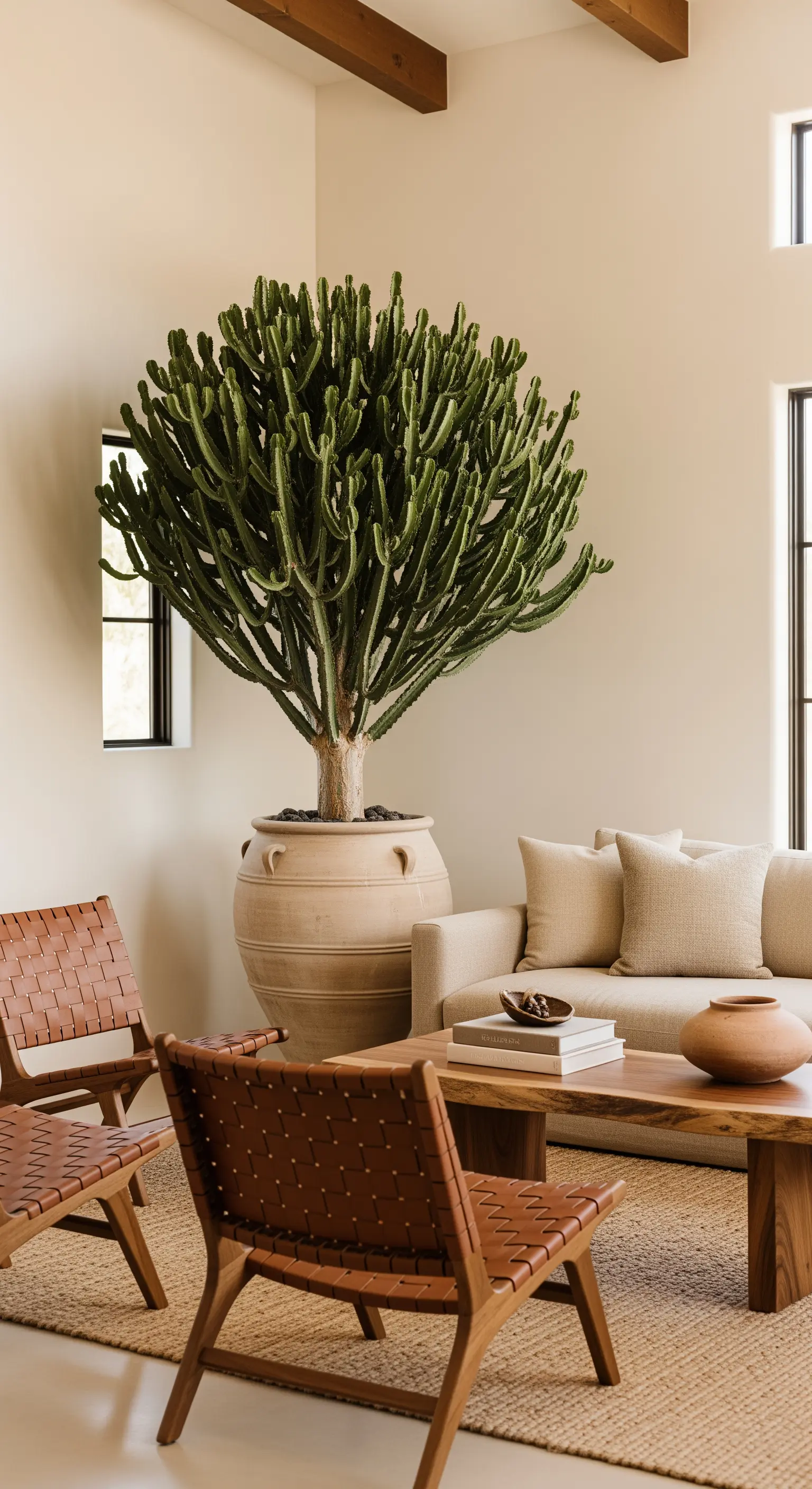 Grande cactus in un vaso di terracotta in un soggiorno minimalista con sedie in pelle.