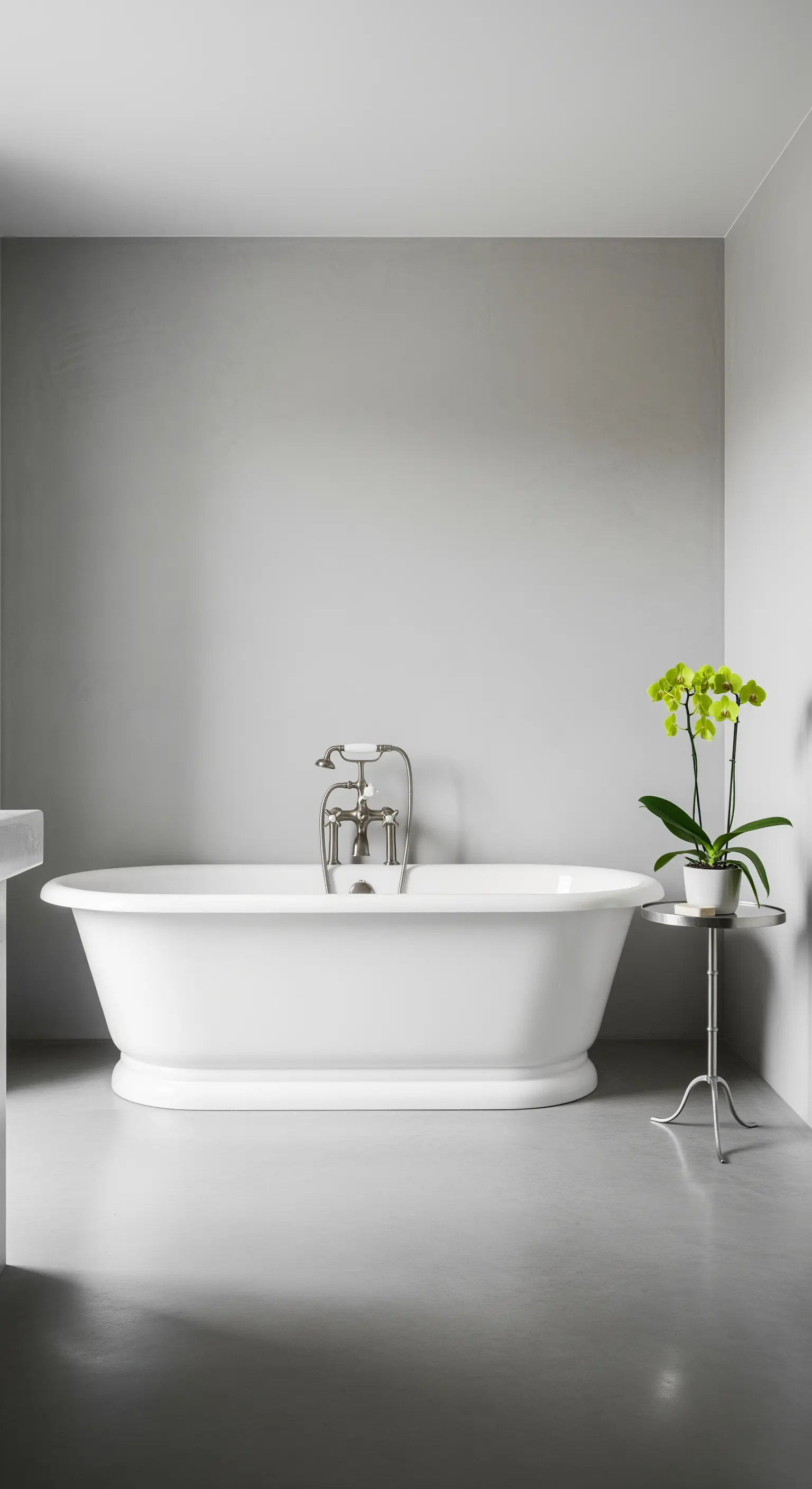 Bagno minimalista interamente grigio con vasca freestanding e una singola orchidea verde.