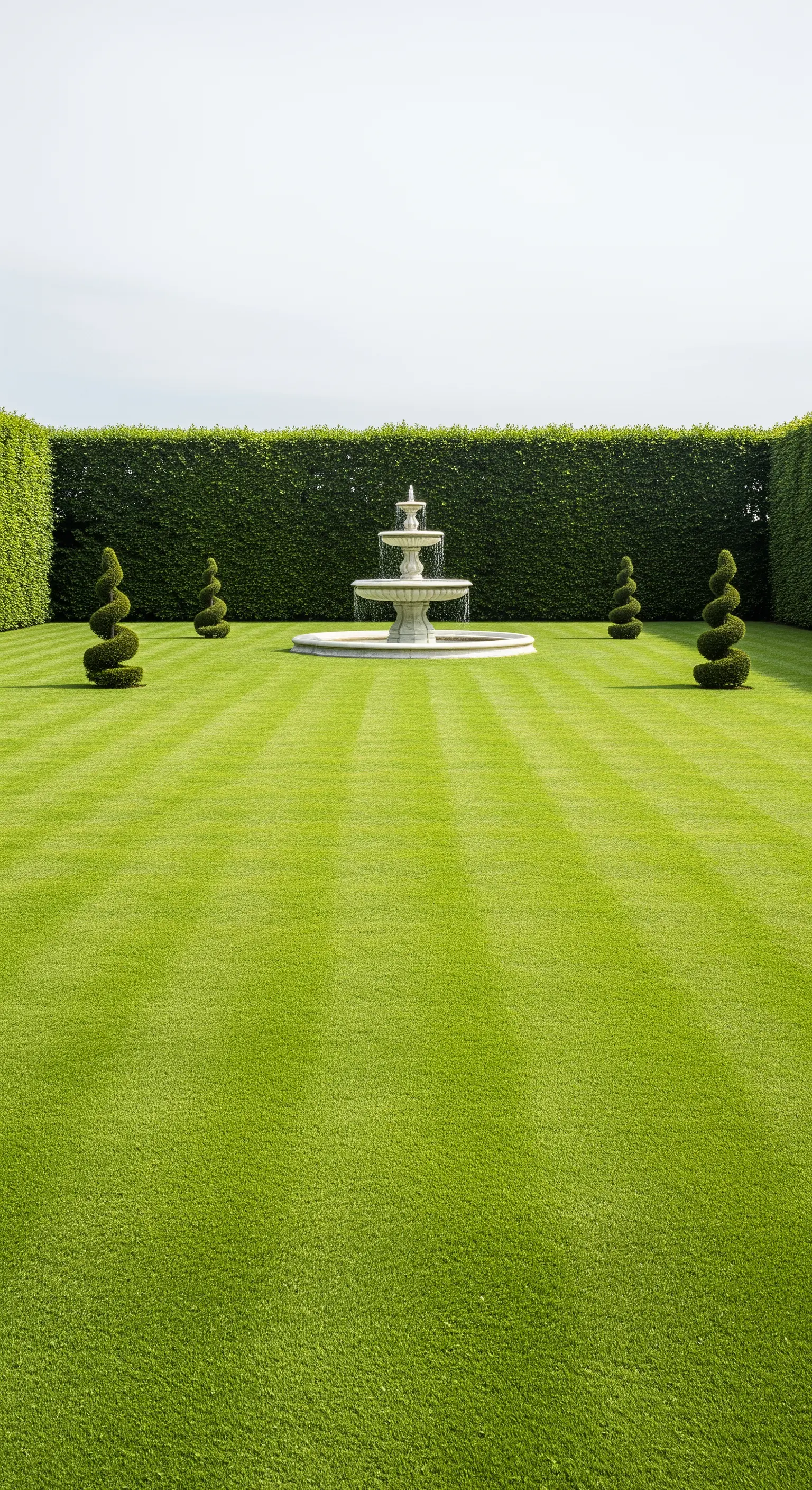 Vasto prato verde con al centro una fontana in pietra e quattro alberi a spirale ai lati