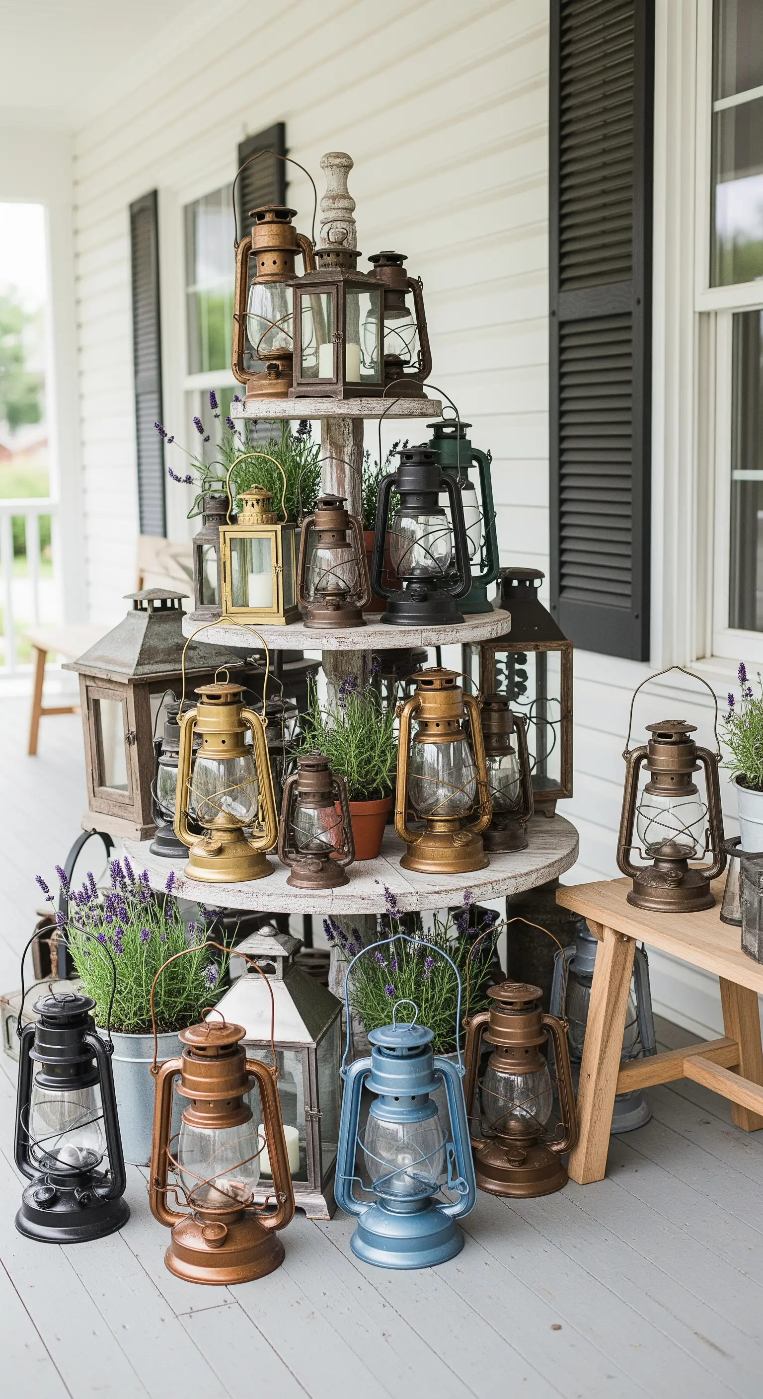 Collezione di lanterne vintage di varie forme e colori esposte su un supporto a più livelli.