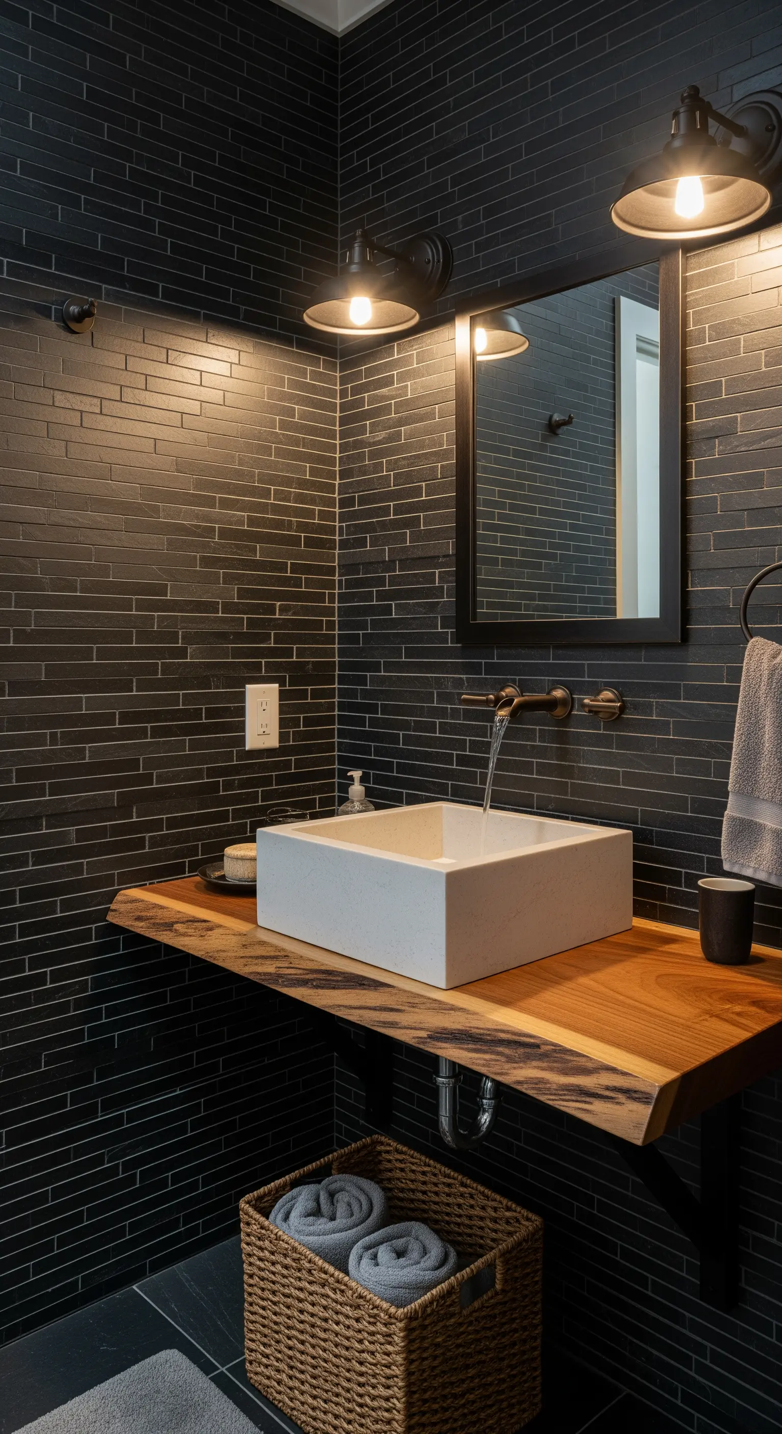 Bagno con pareti in piastrelle di ardesia nera e piano in legno massello.