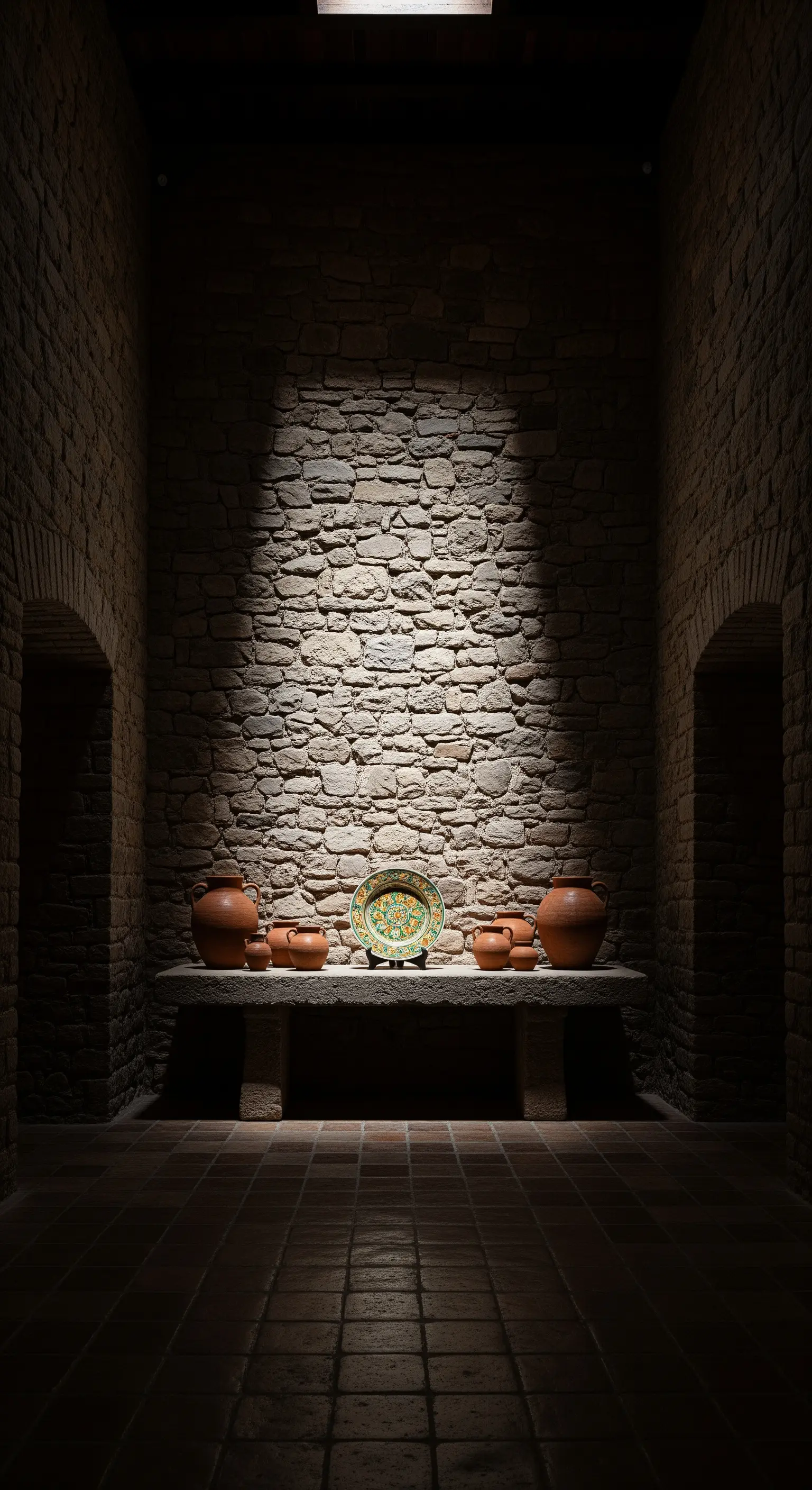 Panca in pietra illuminata da un faretto in un corridoio con pareti in pietra a vista.