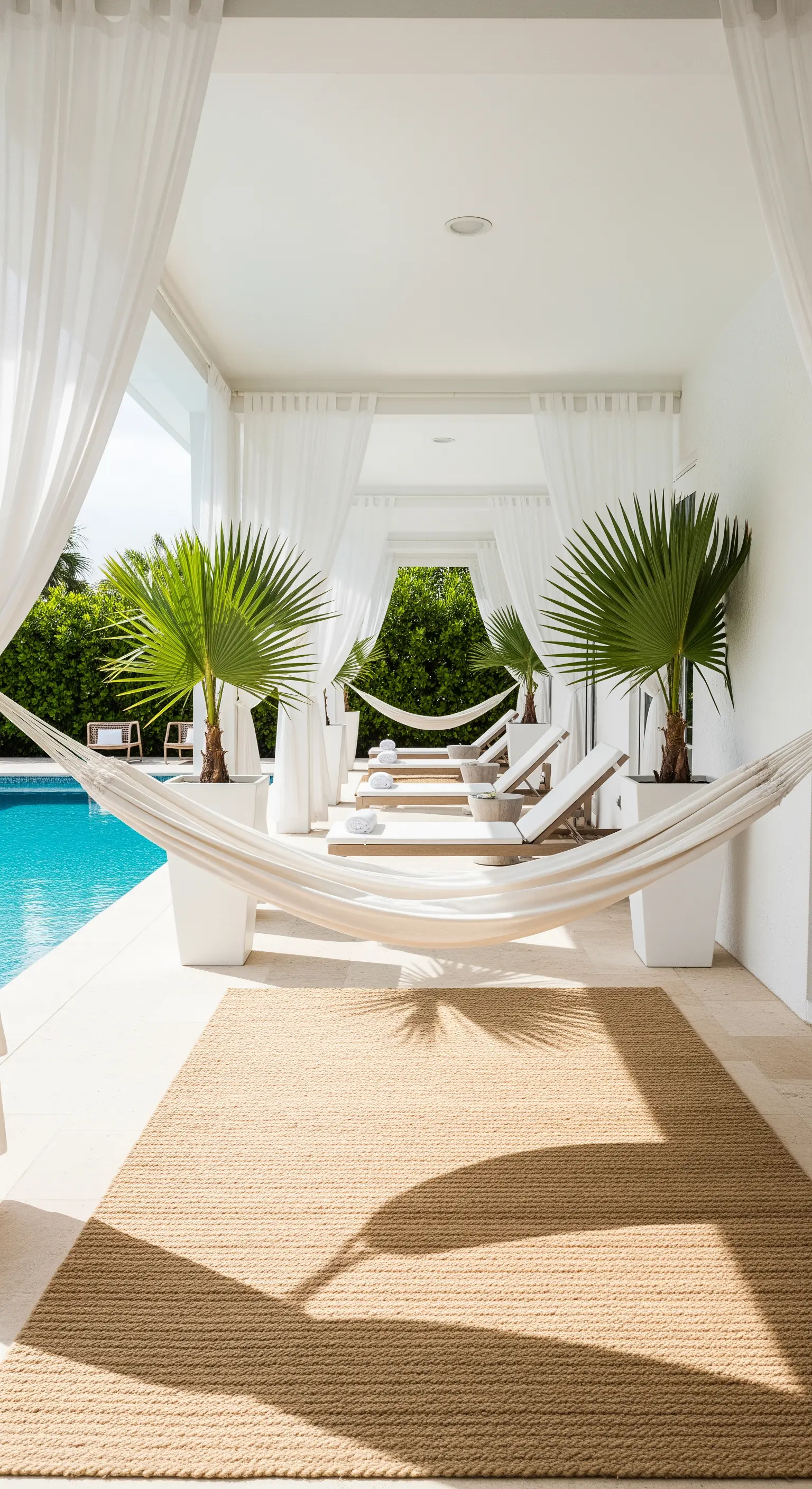 Bordo piscina con una fila di amache bianche separate da tende trasparenti.