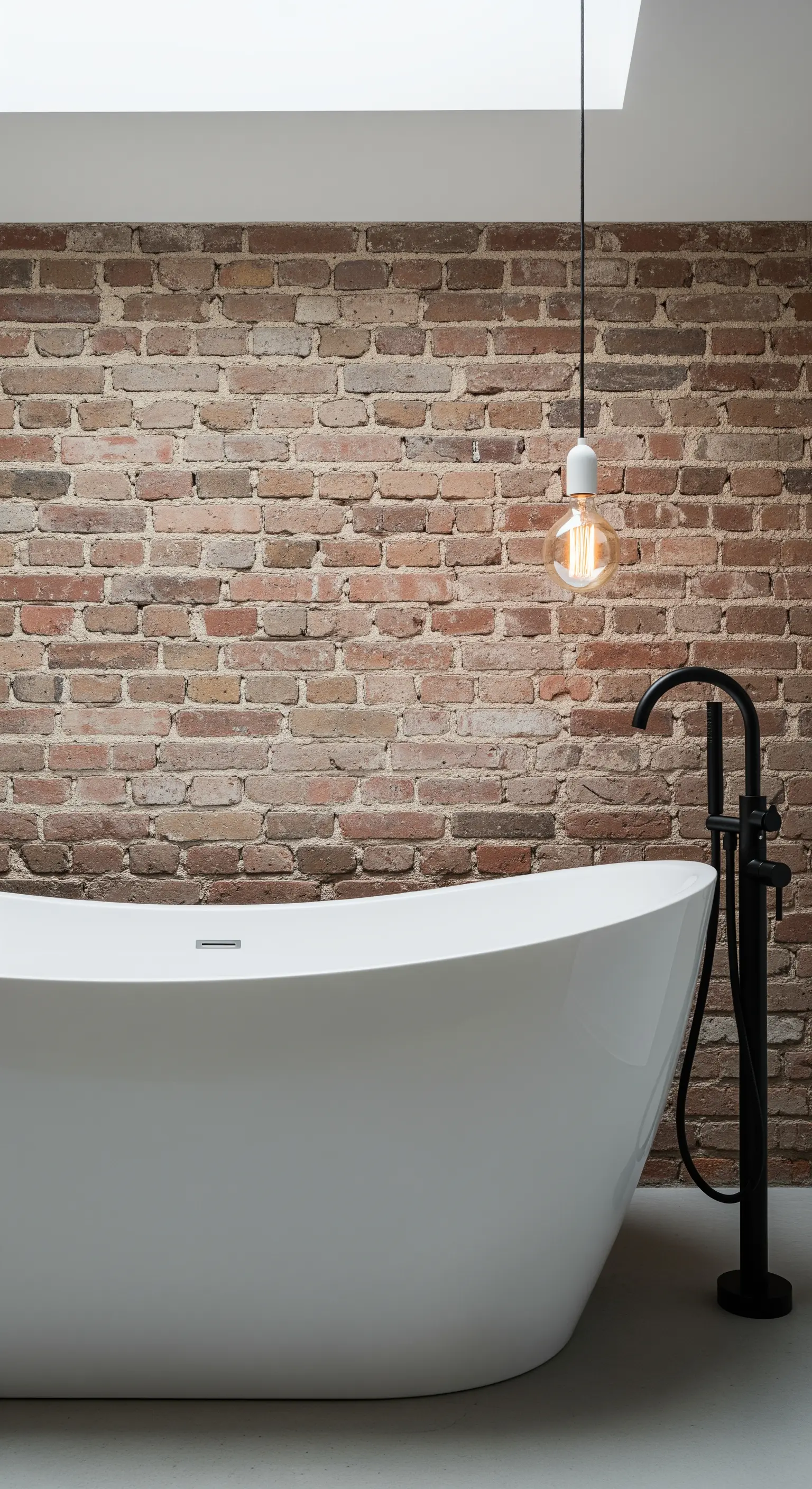 Vasca da bagno bianca e lampadina a sospensione singola contro una parete di mattoni.