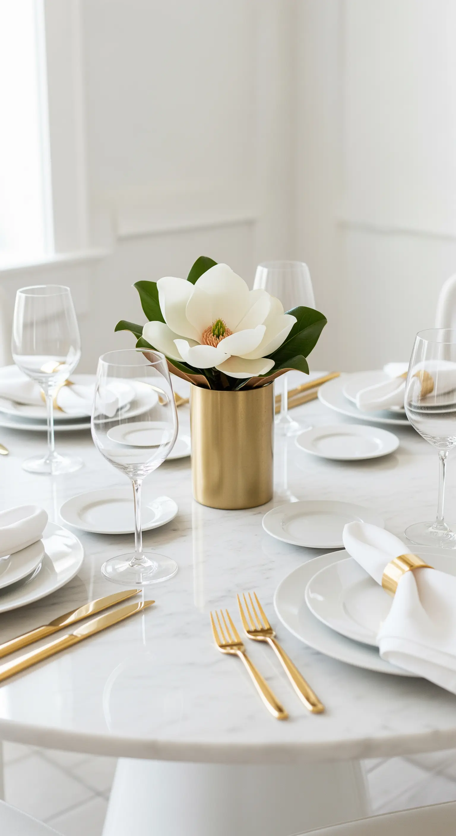 Tavolo rotondo in marmo con un singolo fiore di magnolia in un vaso dorato.