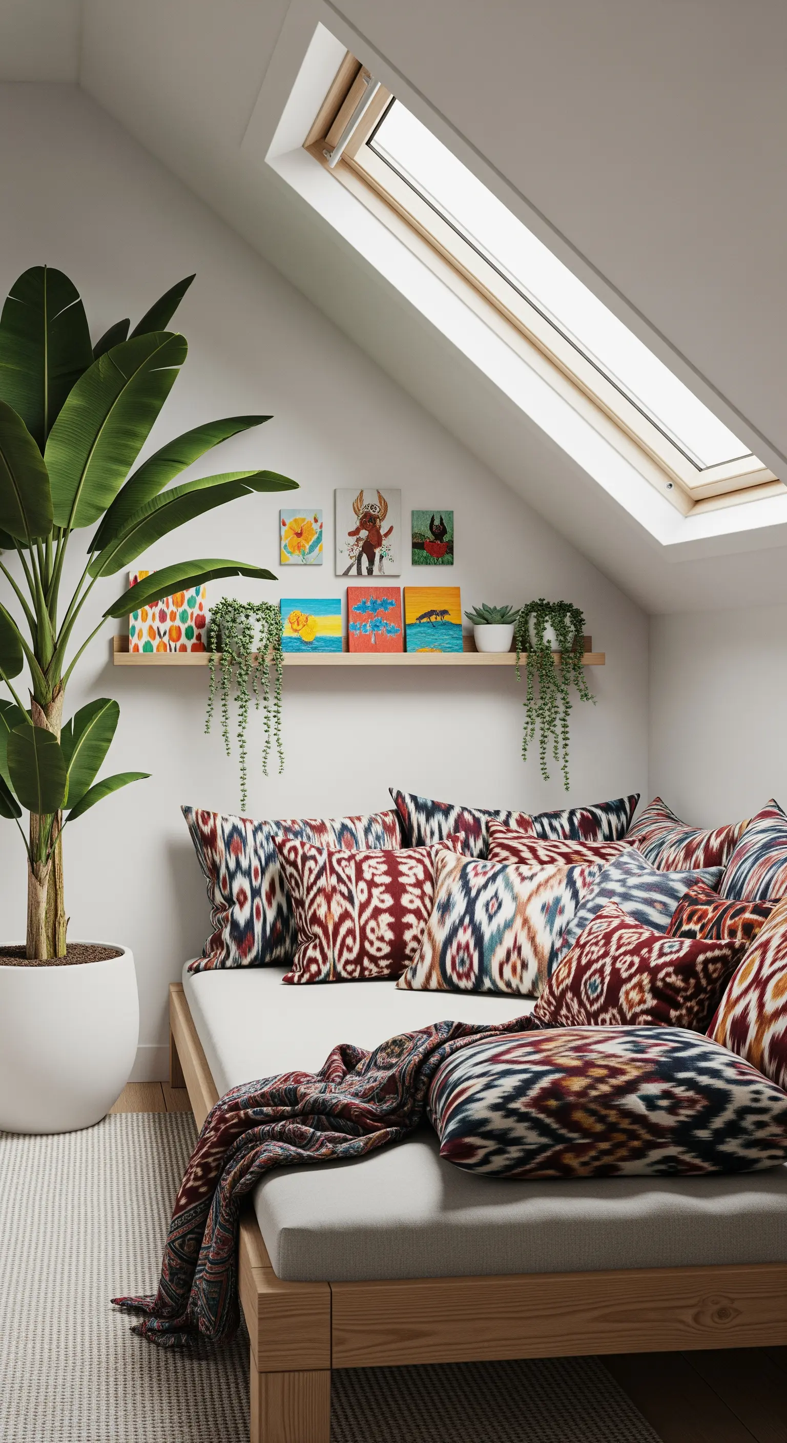 Letto basso in una mansarda luminosa, coperto da una moltitudine di cuscini con motivo ikat.