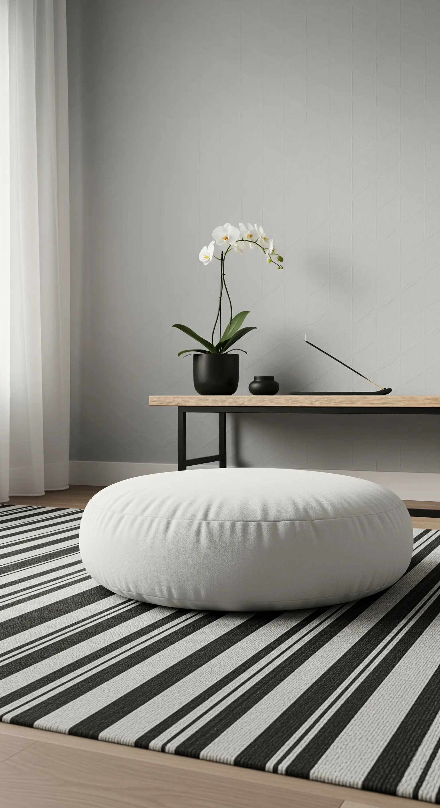 Tappeto a righe diagonali bianche e nere con un pouf bianco rotondo.