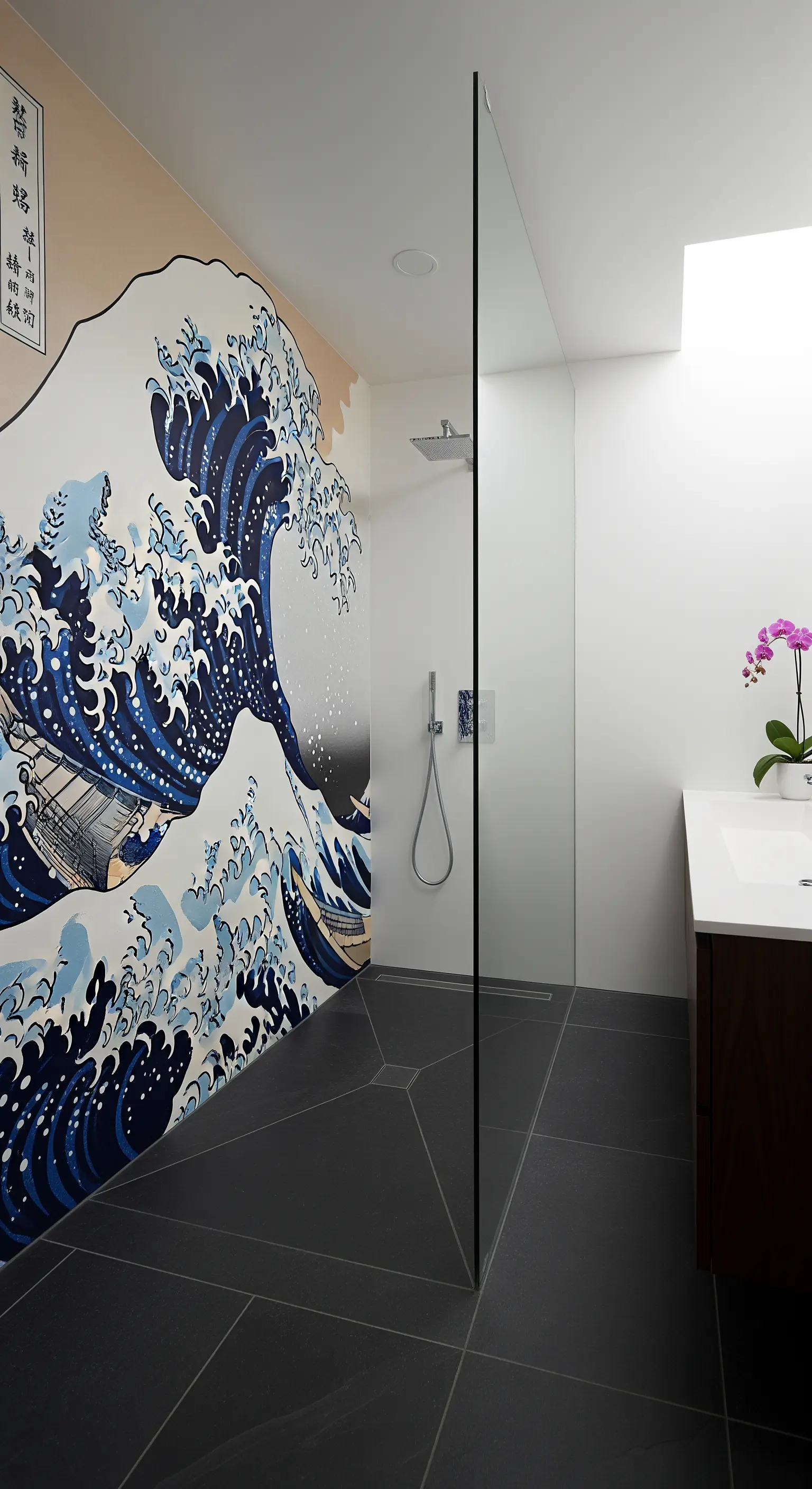 Bagno minimalista con il murale della Grande Onda di Hokusai e pavimento scuro.