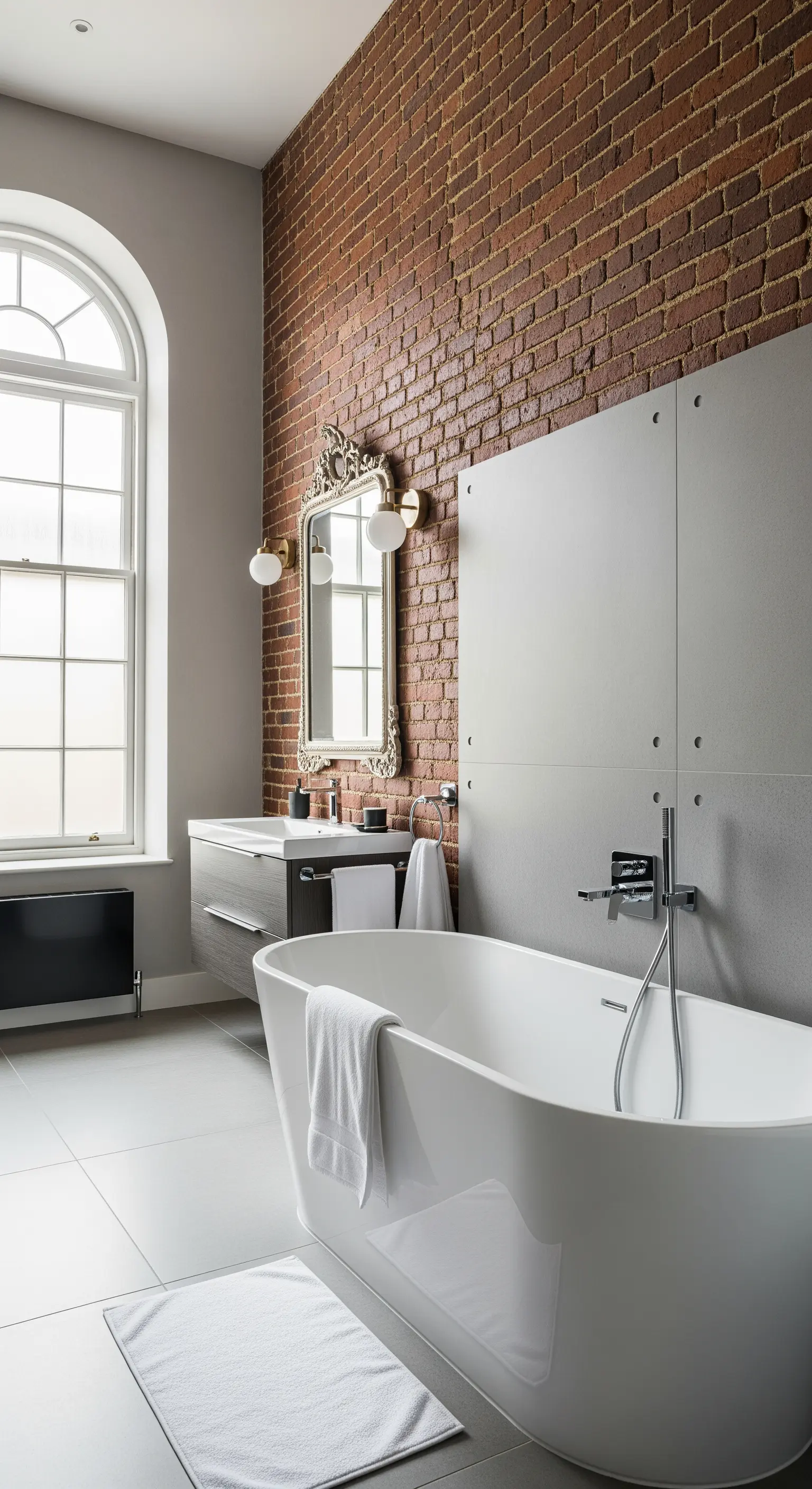 Bagno con parete in mattoni a vista, vasca bianca e specchio decorato dorato.