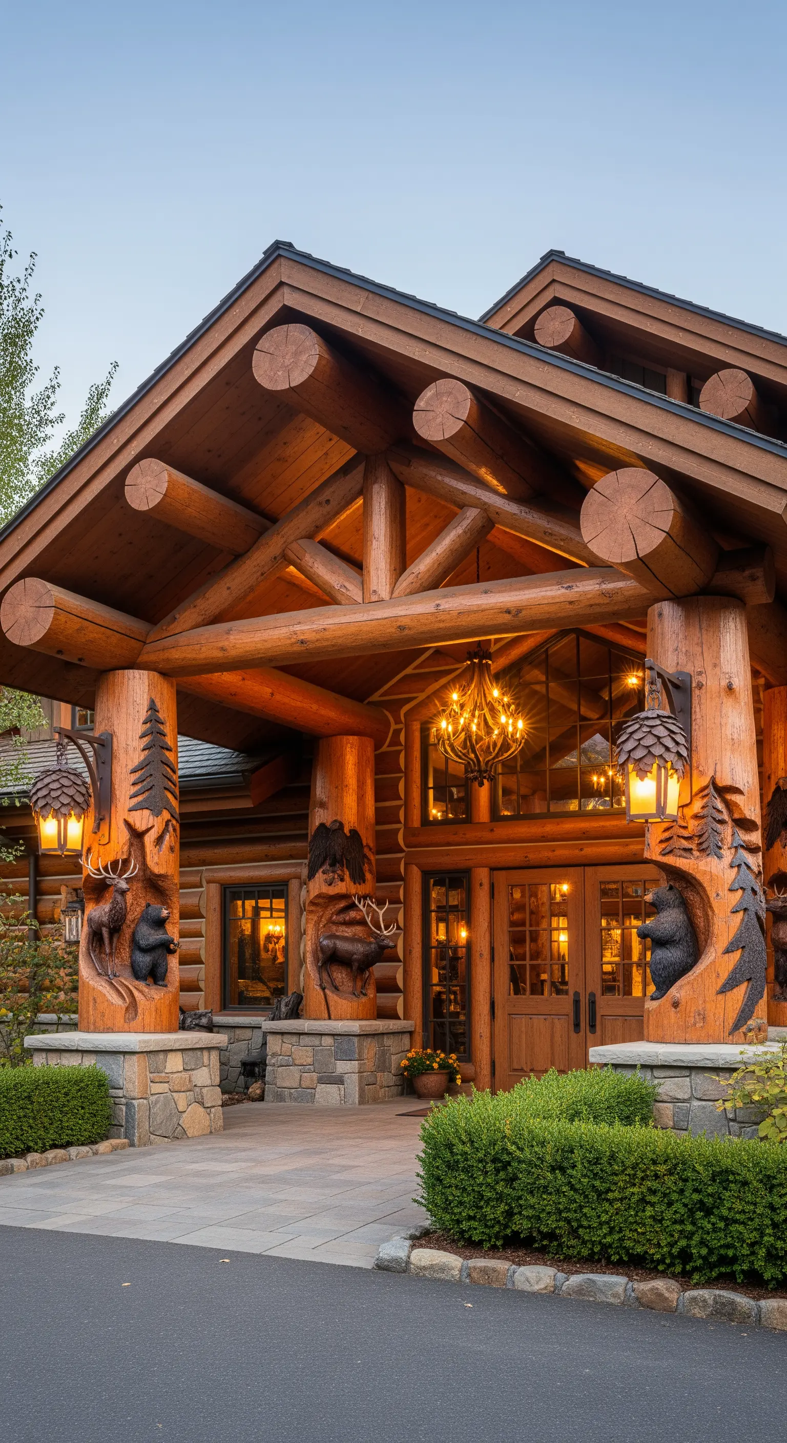 Ingresso di una baita con imponenti colonne in tronchi di legno intagliati con figure di orsi e cervi