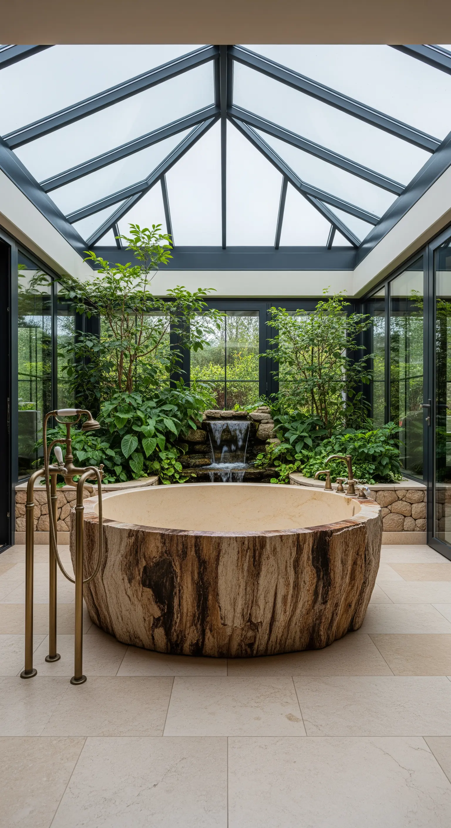 Vasca da bagno rotonda ricavata da un tronco d'albero, in una veranda con cascata.