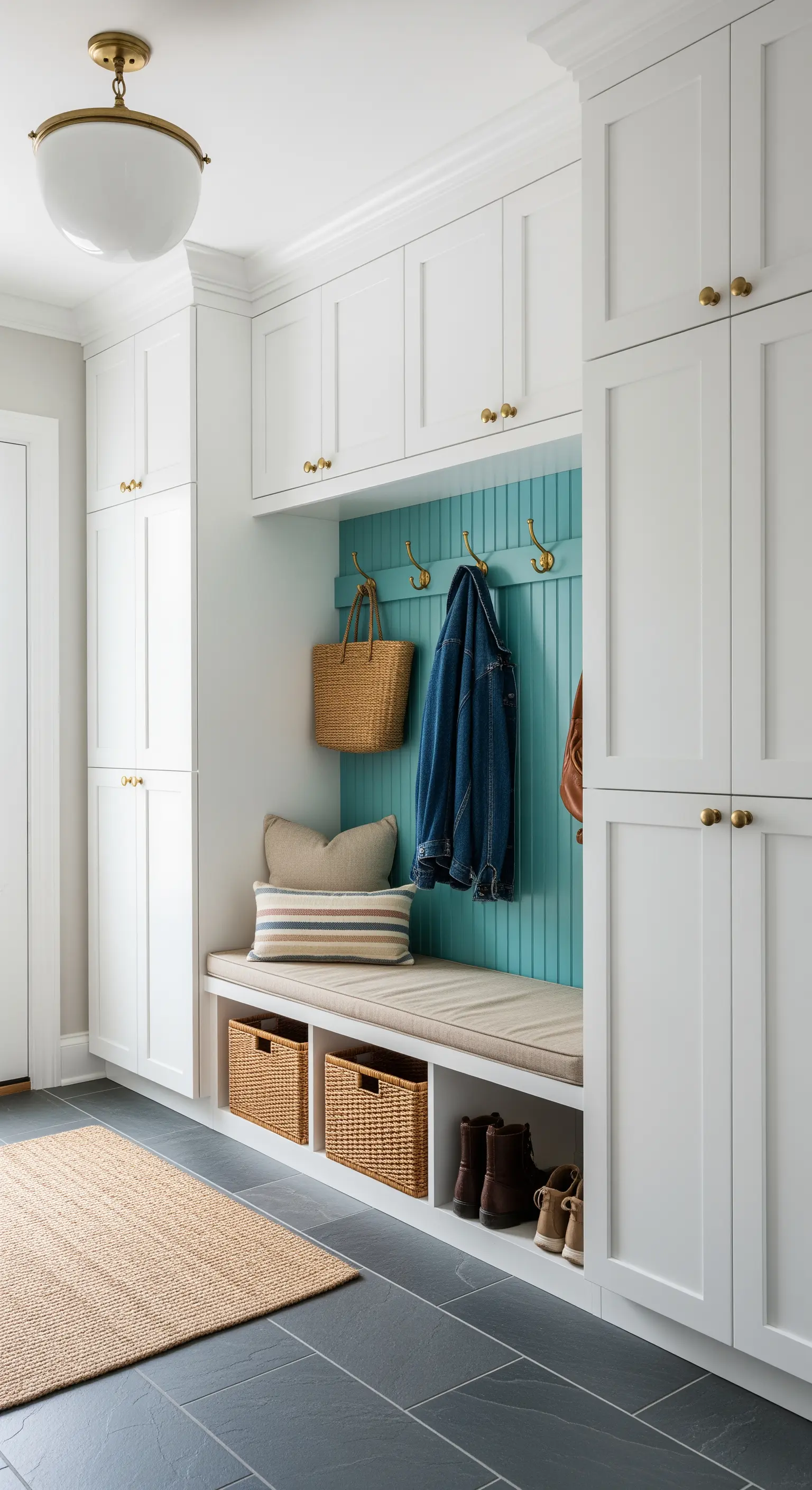 Panca contenitore bianca con schienale a listelli verde acqua e cesti in vimini.