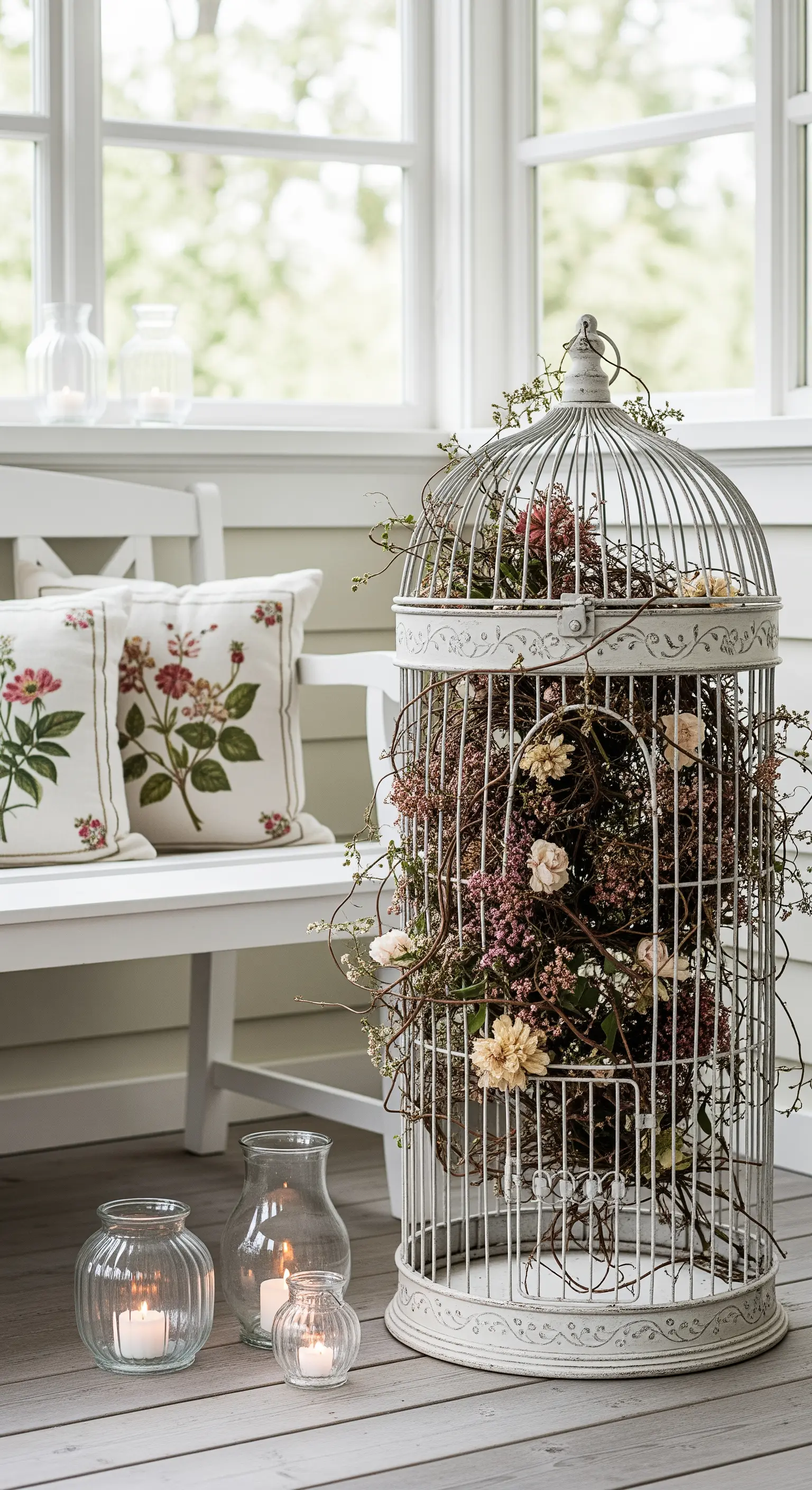 Grande gabbia decorativa bianca usata come contenitore per una composizione di fiori secchi.