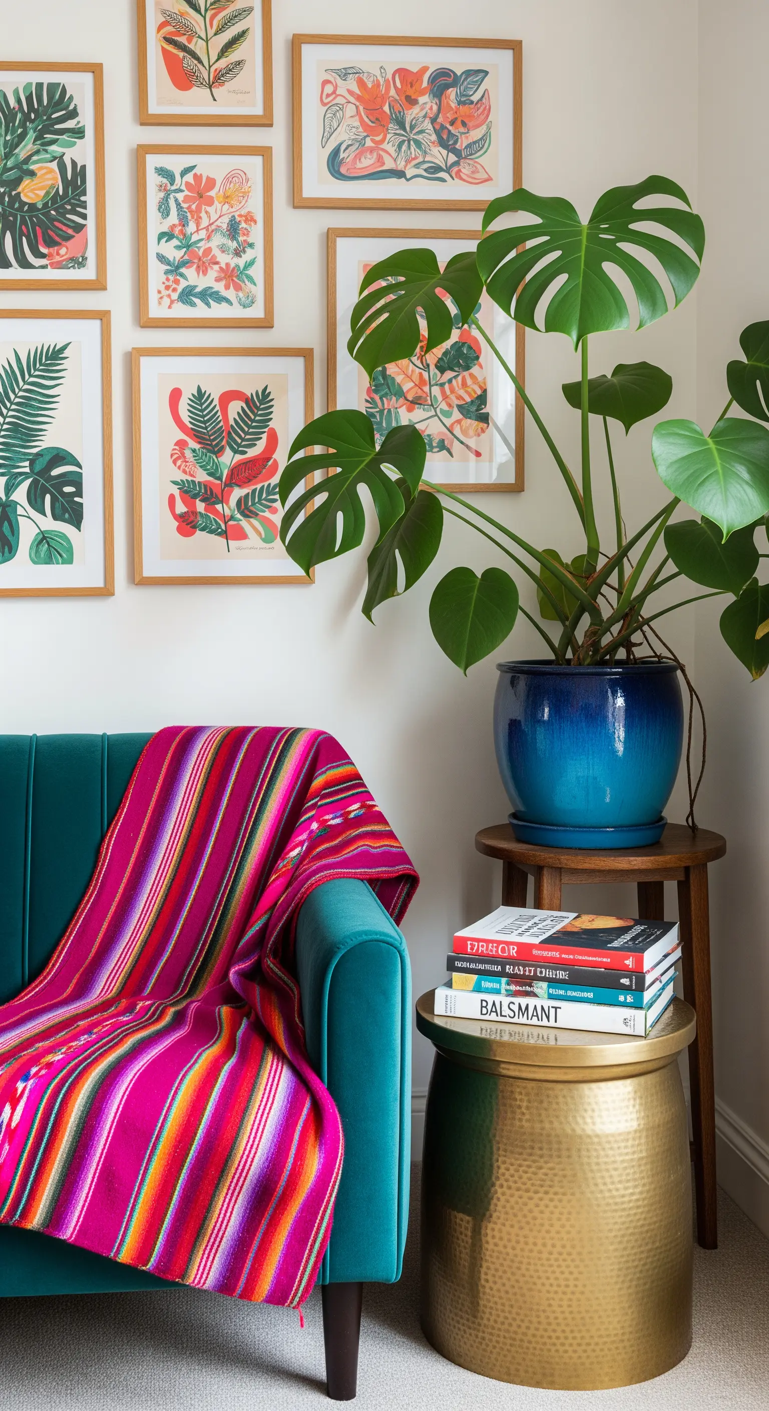 Divano in velluto verde acqua con coperta etnica fucsia e galleria di quadri botanici alla parete.