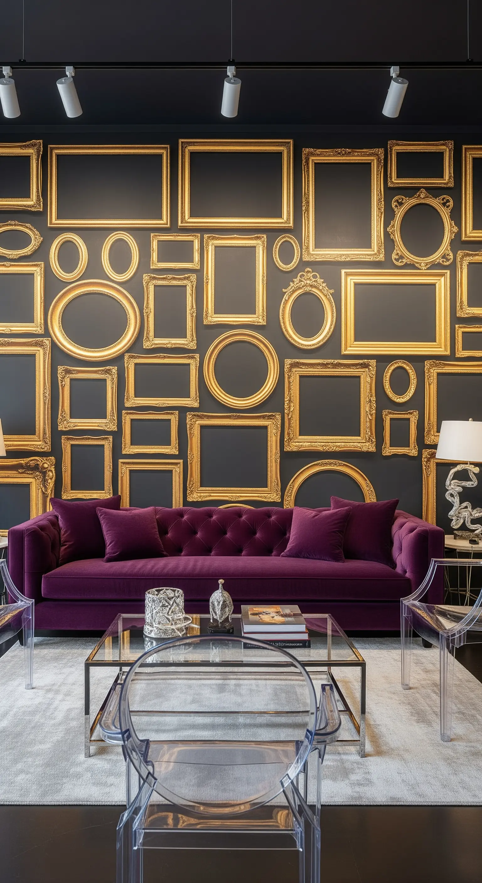 Salotto con parete nera decorata da cornici dorate vuote e un divano Chesterfield viola.