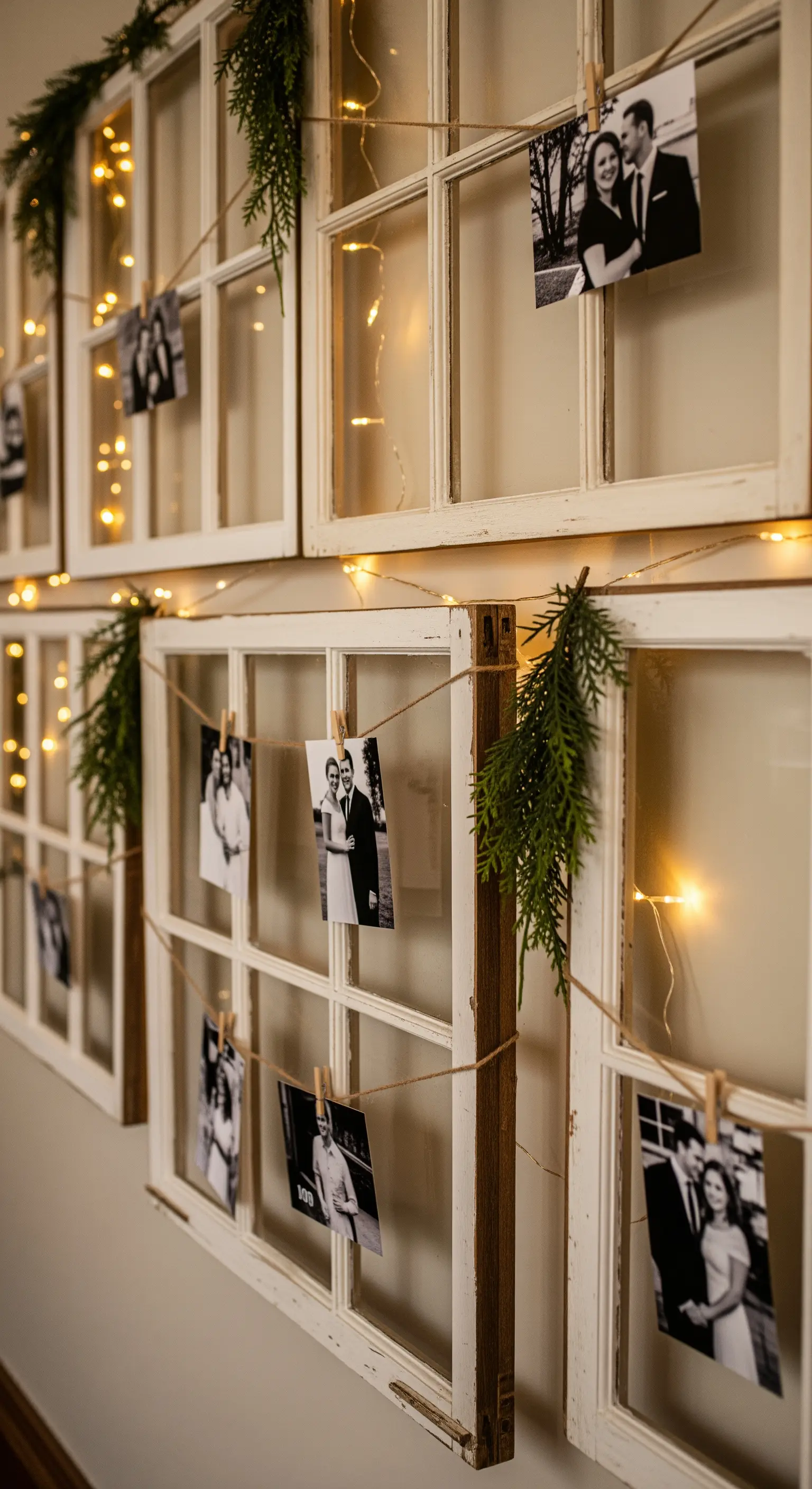 Vecchie cornici di finestre usate per esporre fotografie appese con mollette e decorate con lucine.
